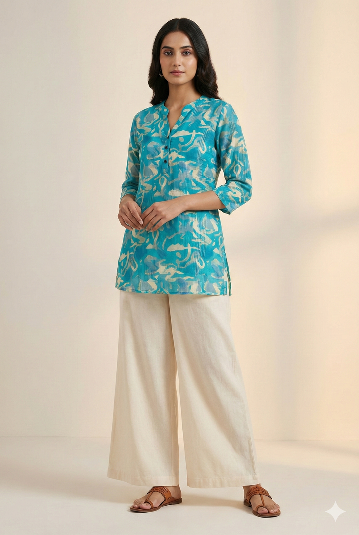 Aqua Blue Abstract Printed Kurti - 26180
