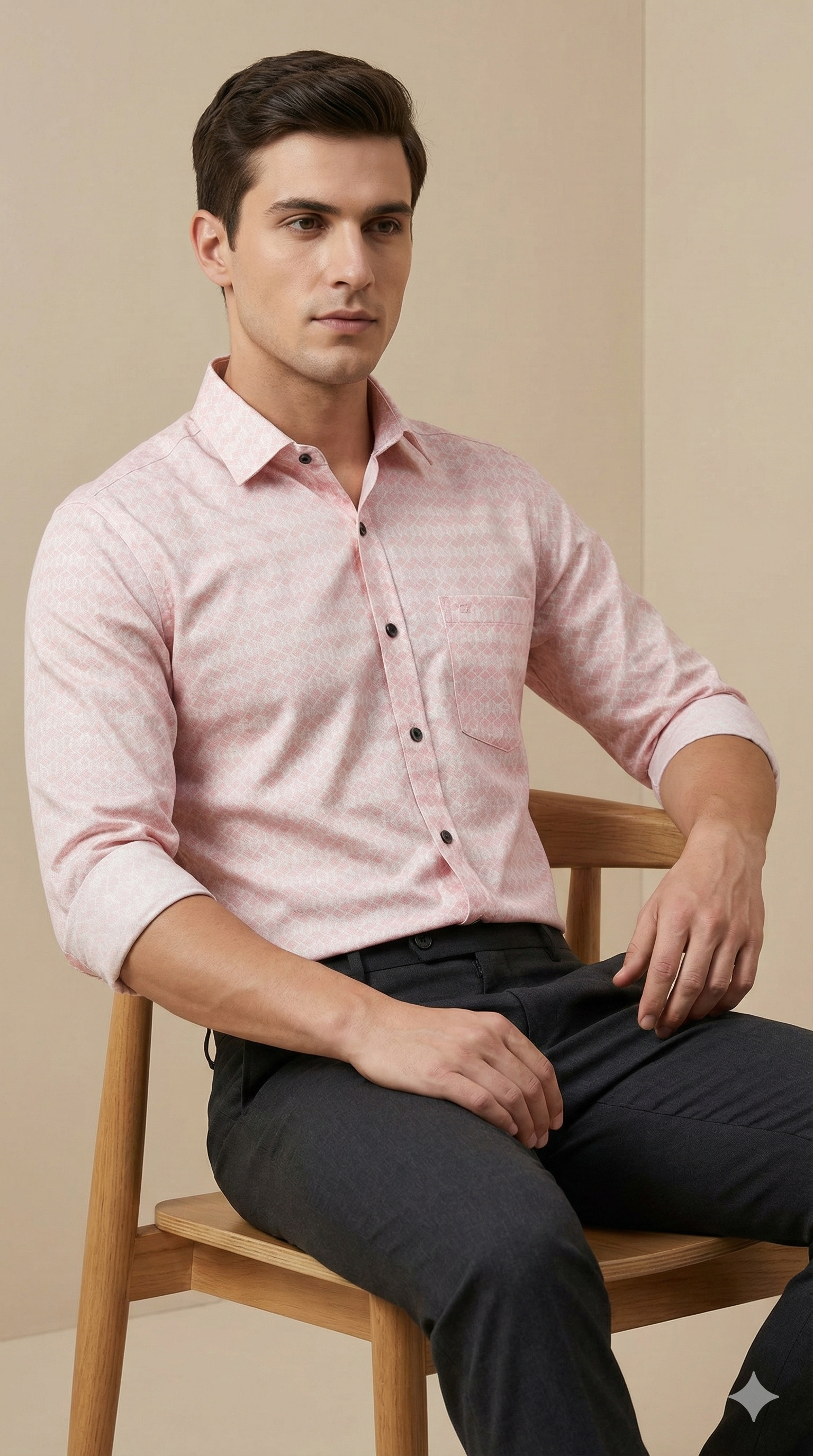 Men’s Premium Cotton Printed Casual Shirt – Soft Pink Geometric Pattern - 25501