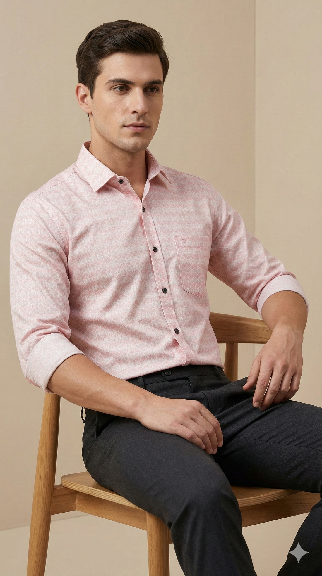 Men’s Premium Cotton Printed Casual Shirt – Soft Pink Geometric Pattern - 25501