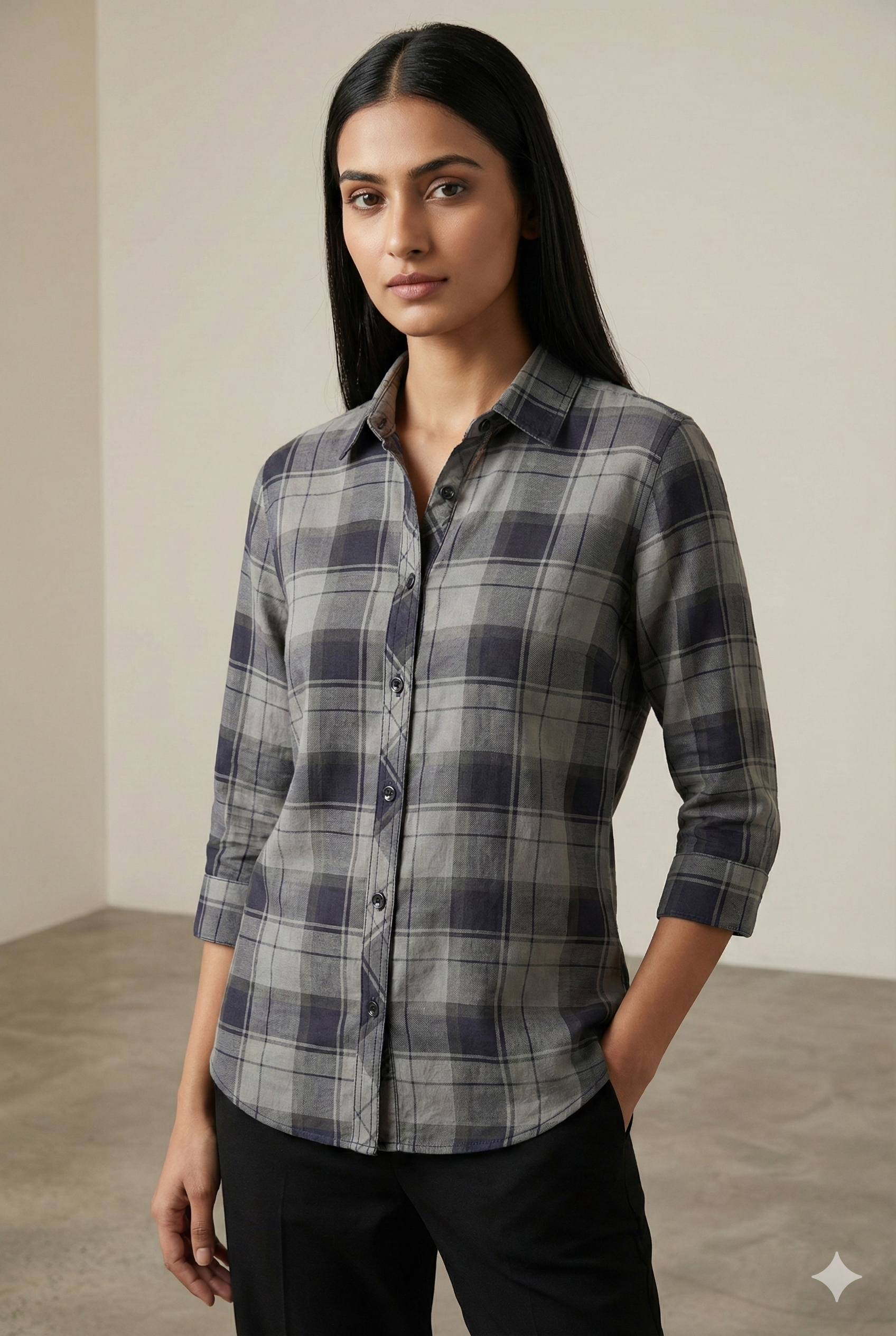 Women’s Classic Grey Checkered Button-Down Shirt - 24304