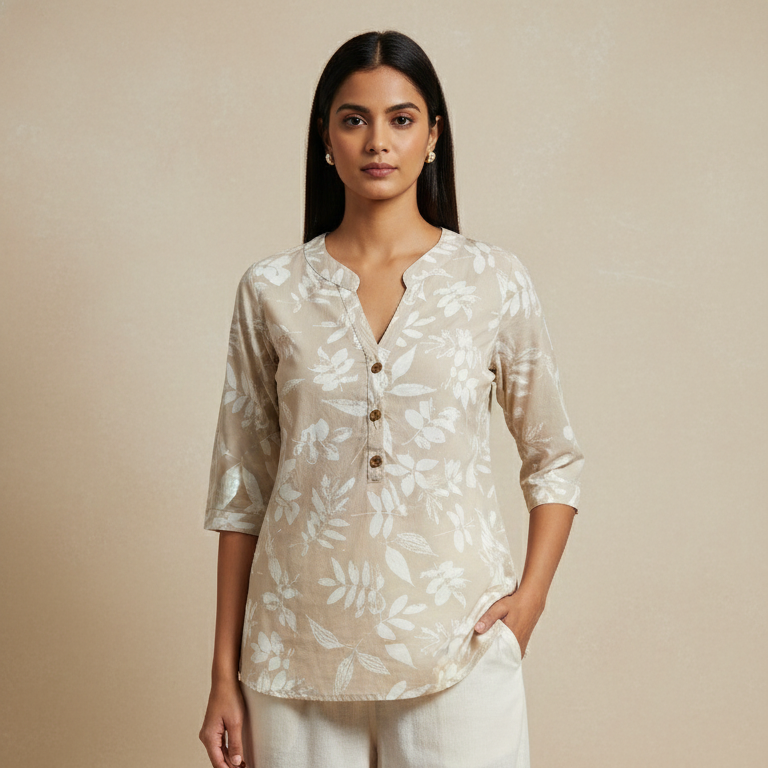 Beige Leaf-Print Casual Cotton Kurti with V-Notch Neck & 3/4 Sleeves - 26211
