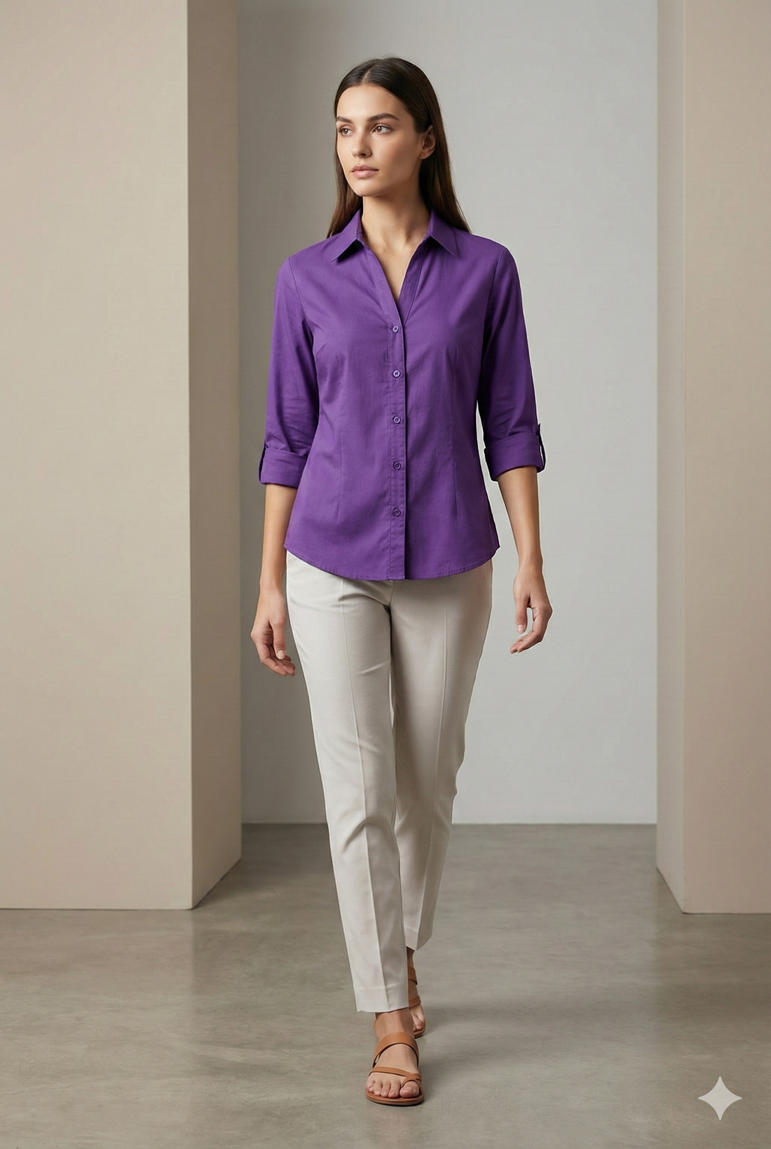 Women’s Solid Purple V-Neck Collared Shirt - 25329