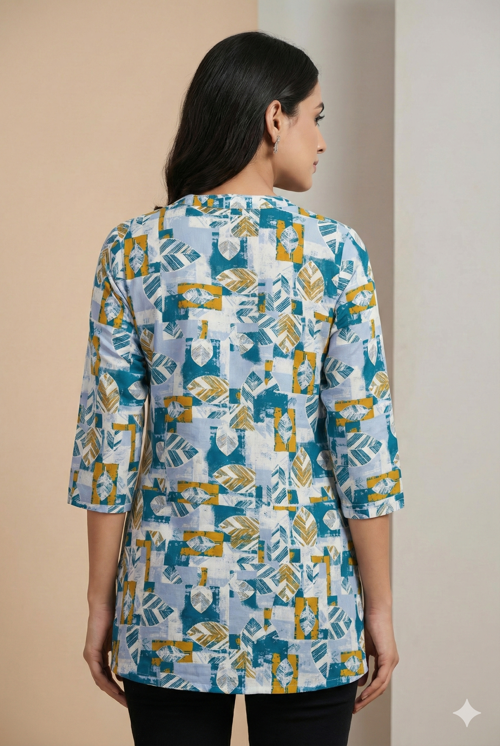 Women’s Teal & Mustard Leaf Print Cotton Kurti  25008