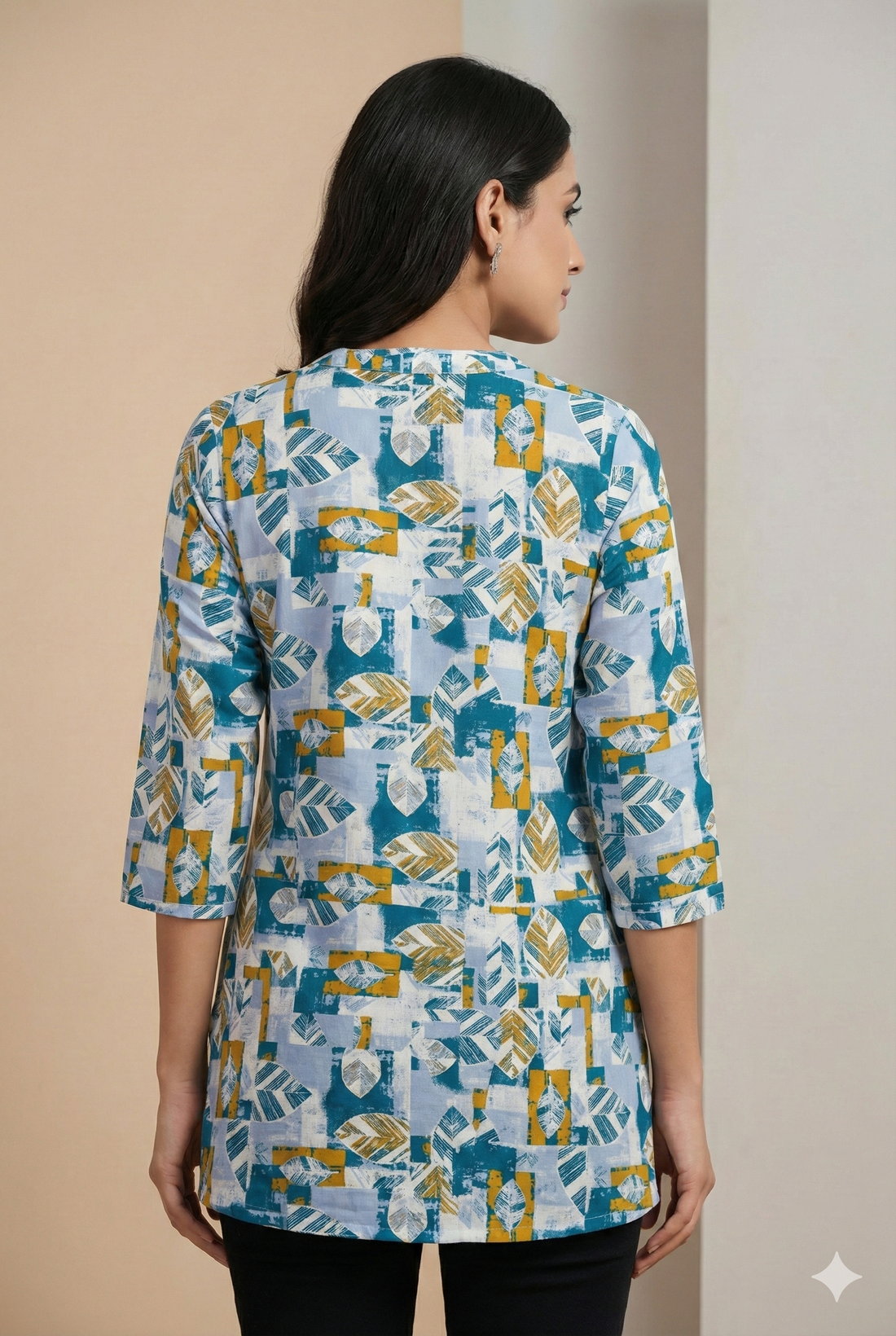 Women’s Teal & Mustard Leaf Print Cotton Kurti  25008