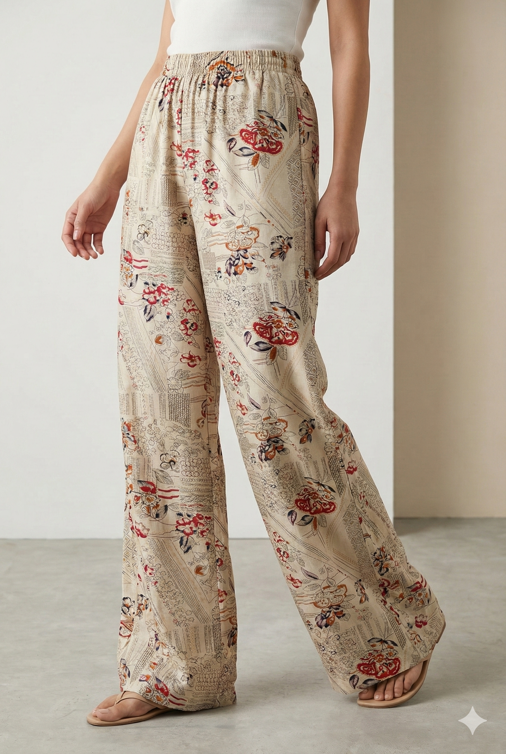 Ivory Floral Printed Cotton Palazzo with Elastic Waist - 26263