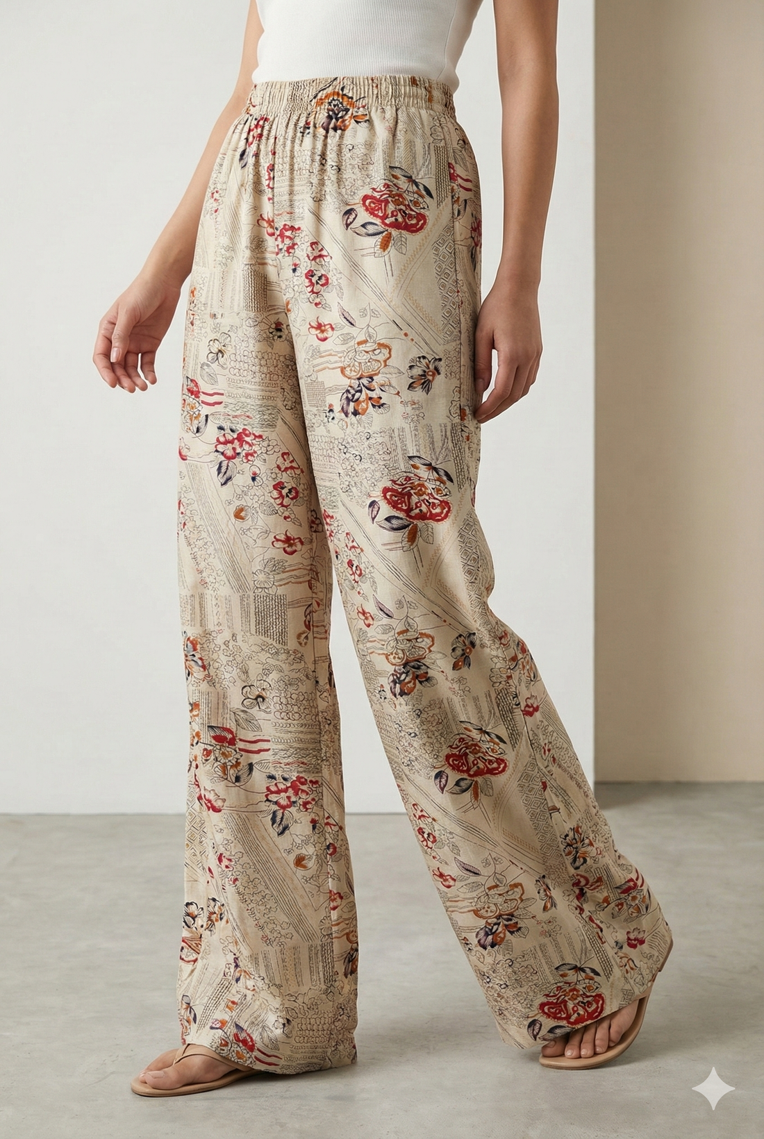 Ivory Floral Printed Cotton Palazzo with Elastic Waist - 26263