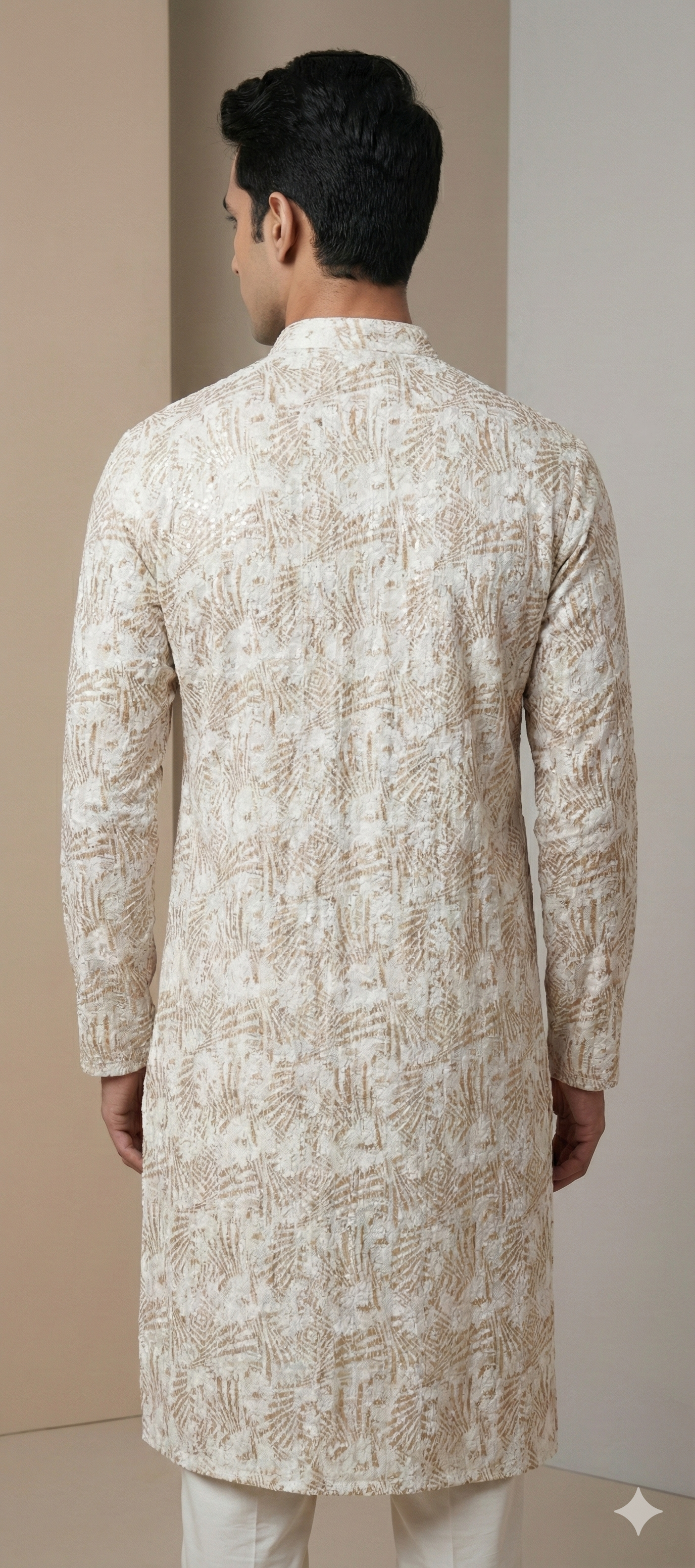 Beige Sequin Embroidered Textured Kurta - 26410