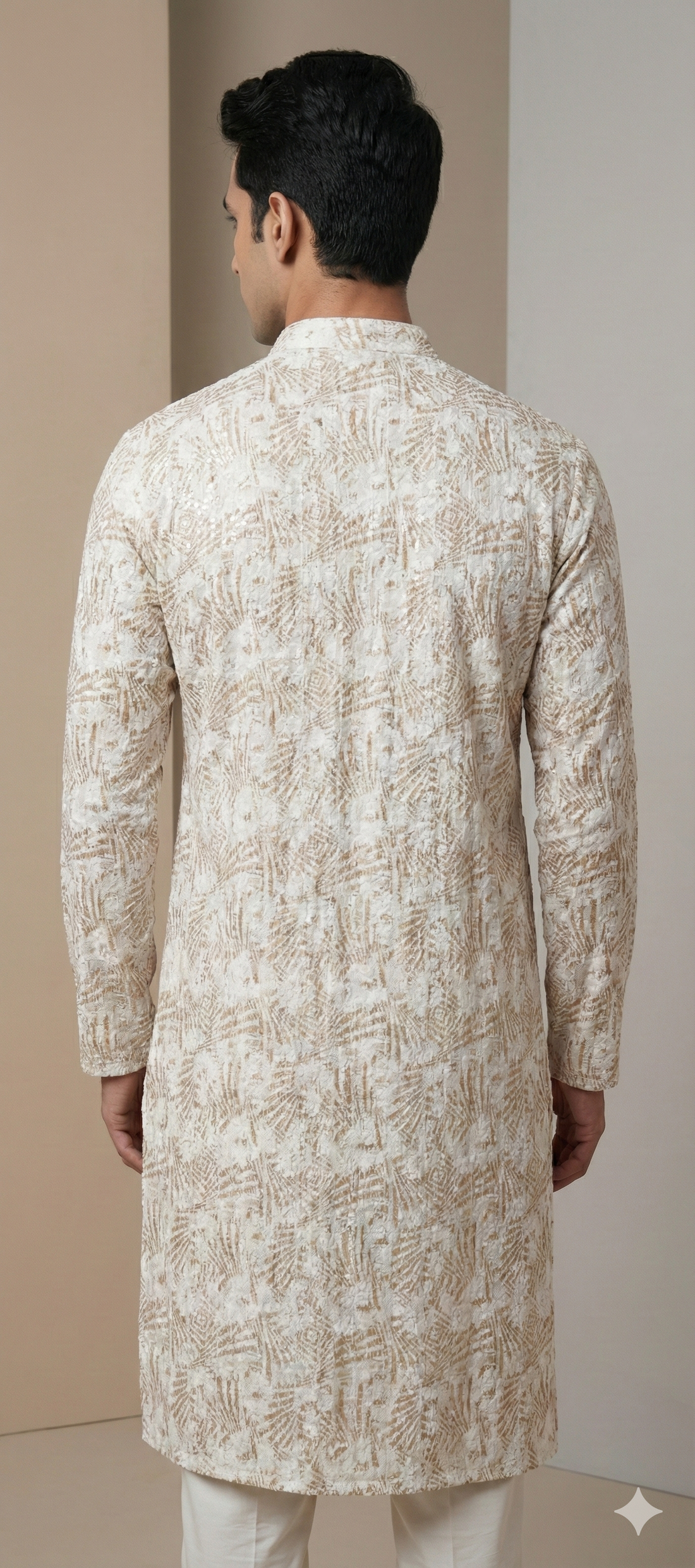 Beige Sequin Embroidered Textured Kurta - 26410