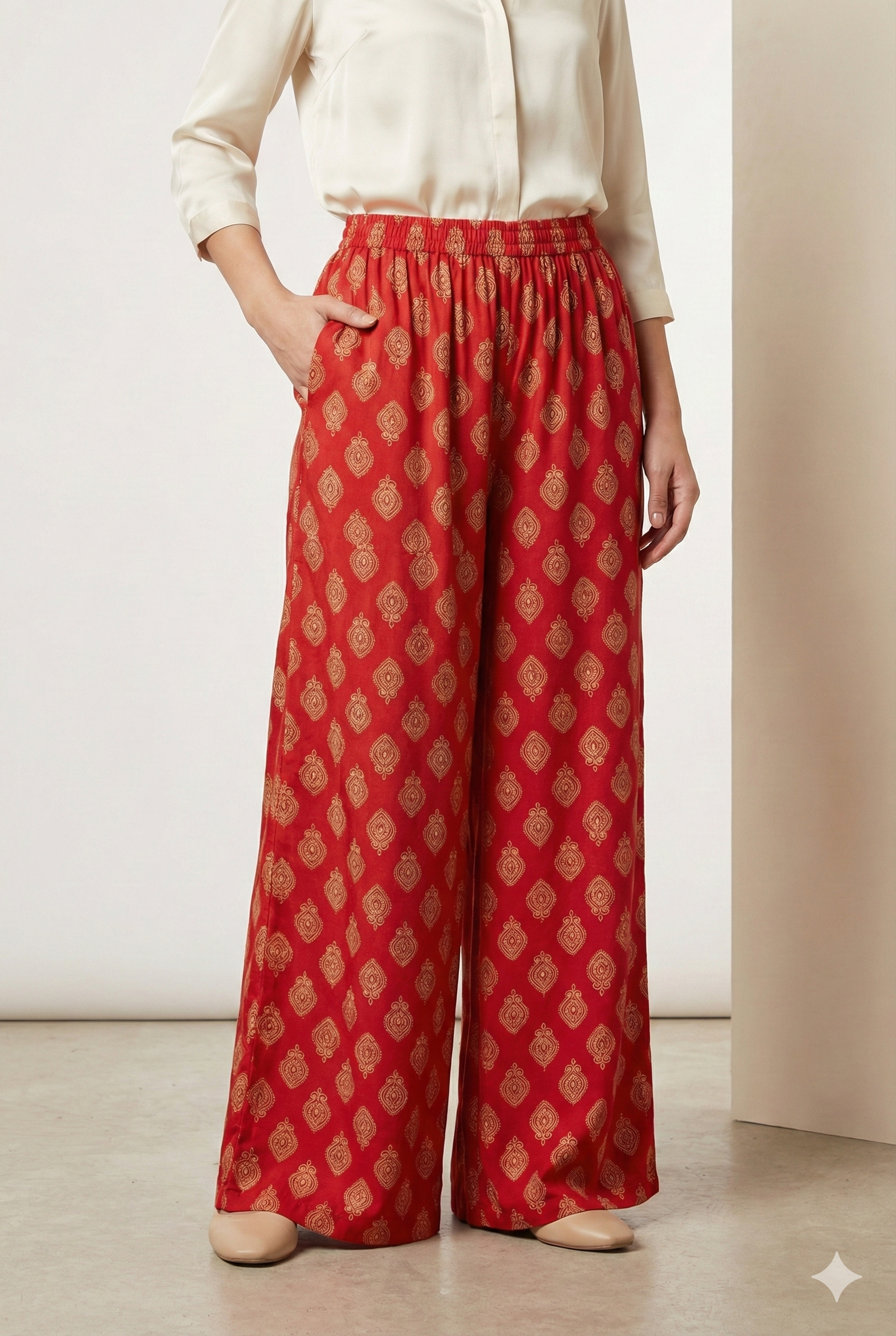 Red Ethnic Motif Print Elastic Waist Palazzo - 26290