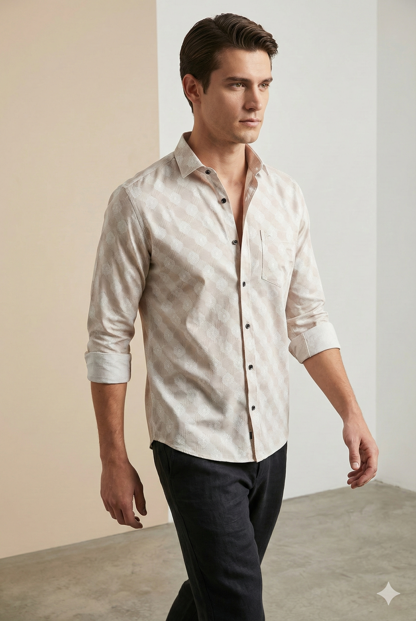 Beige Geometric Pattern Premium Cotton Shirt- 26248