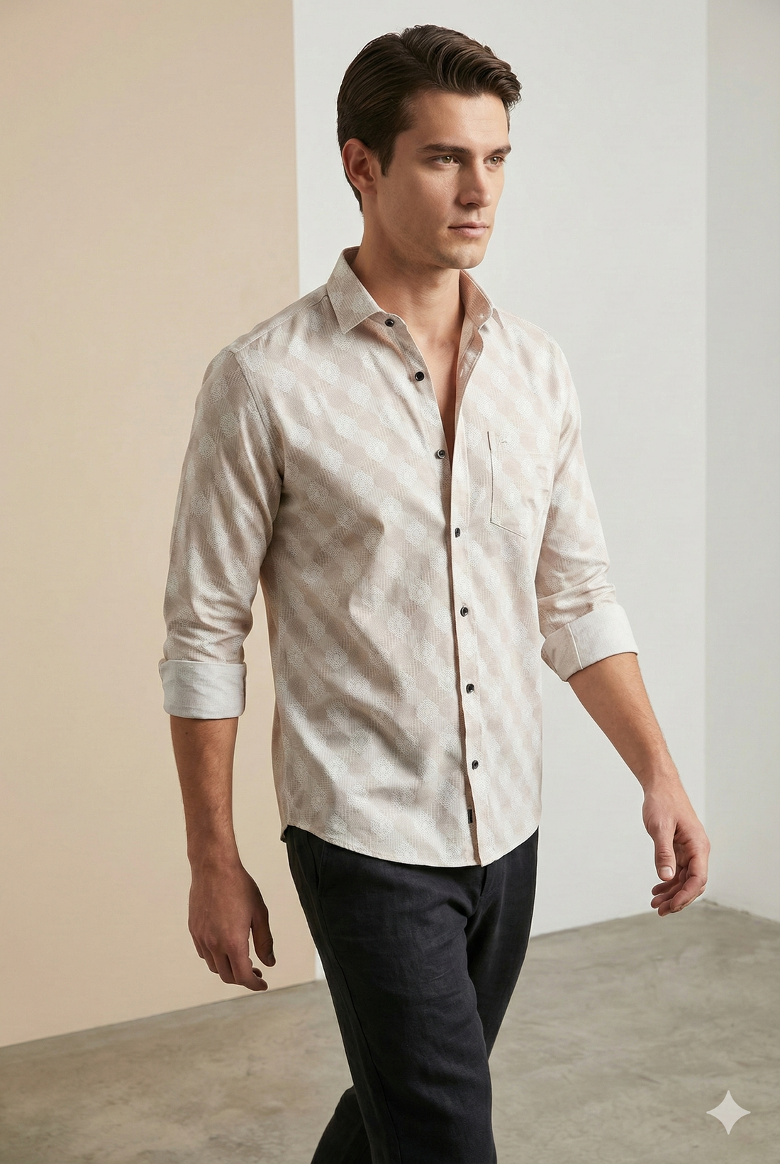 Beige Geometric Pattern Premium Cotton Shirt- 26248