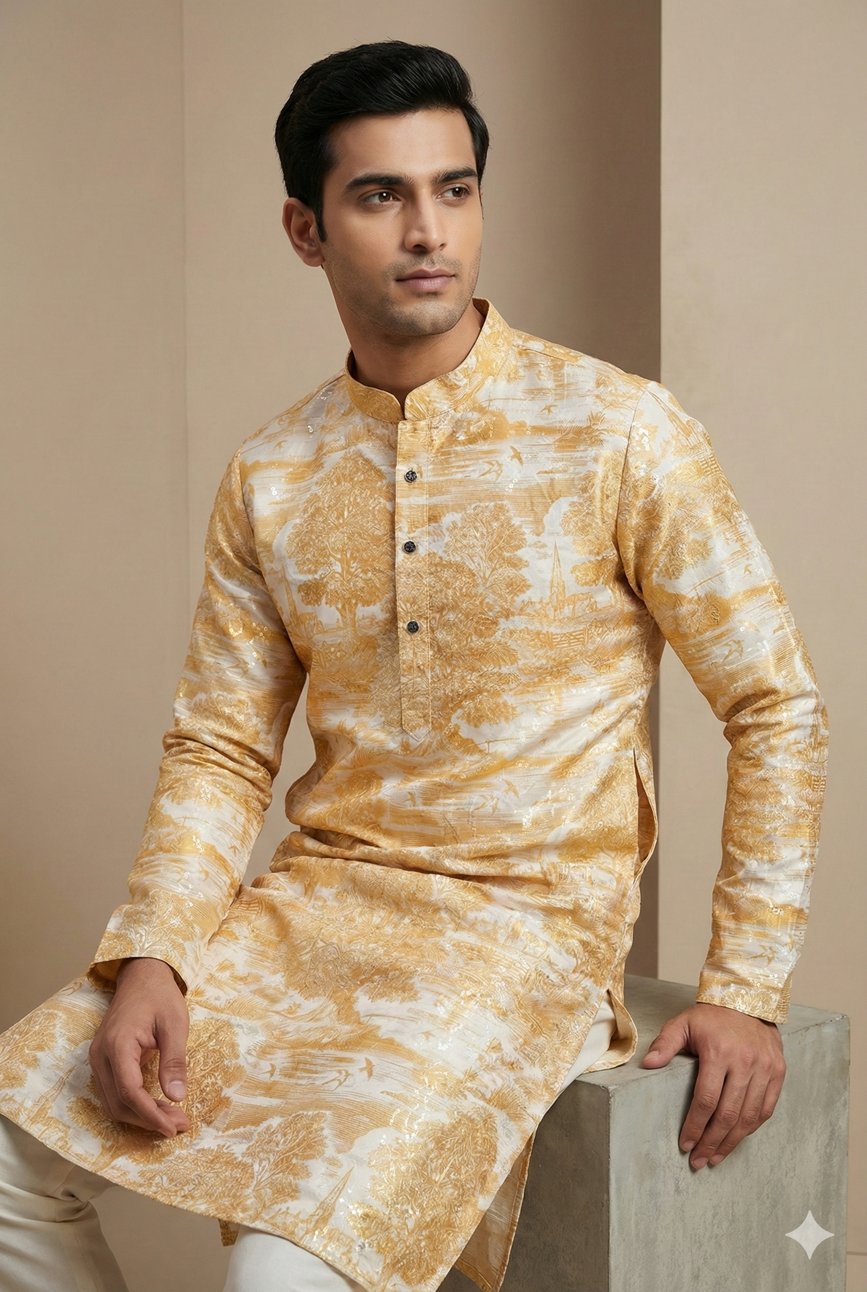 Golden Embroidered Textured Kurta by ROCCK'Z - 26400