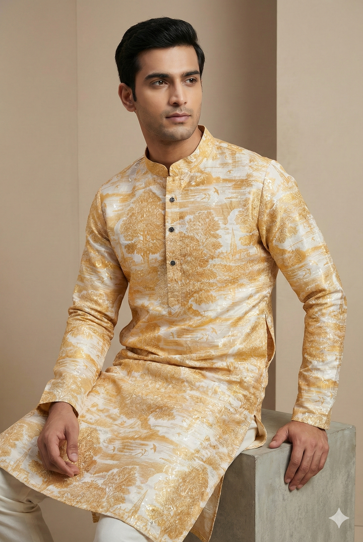 Golden Embroidered Textured Kurta by ROCCK'Z - 26400