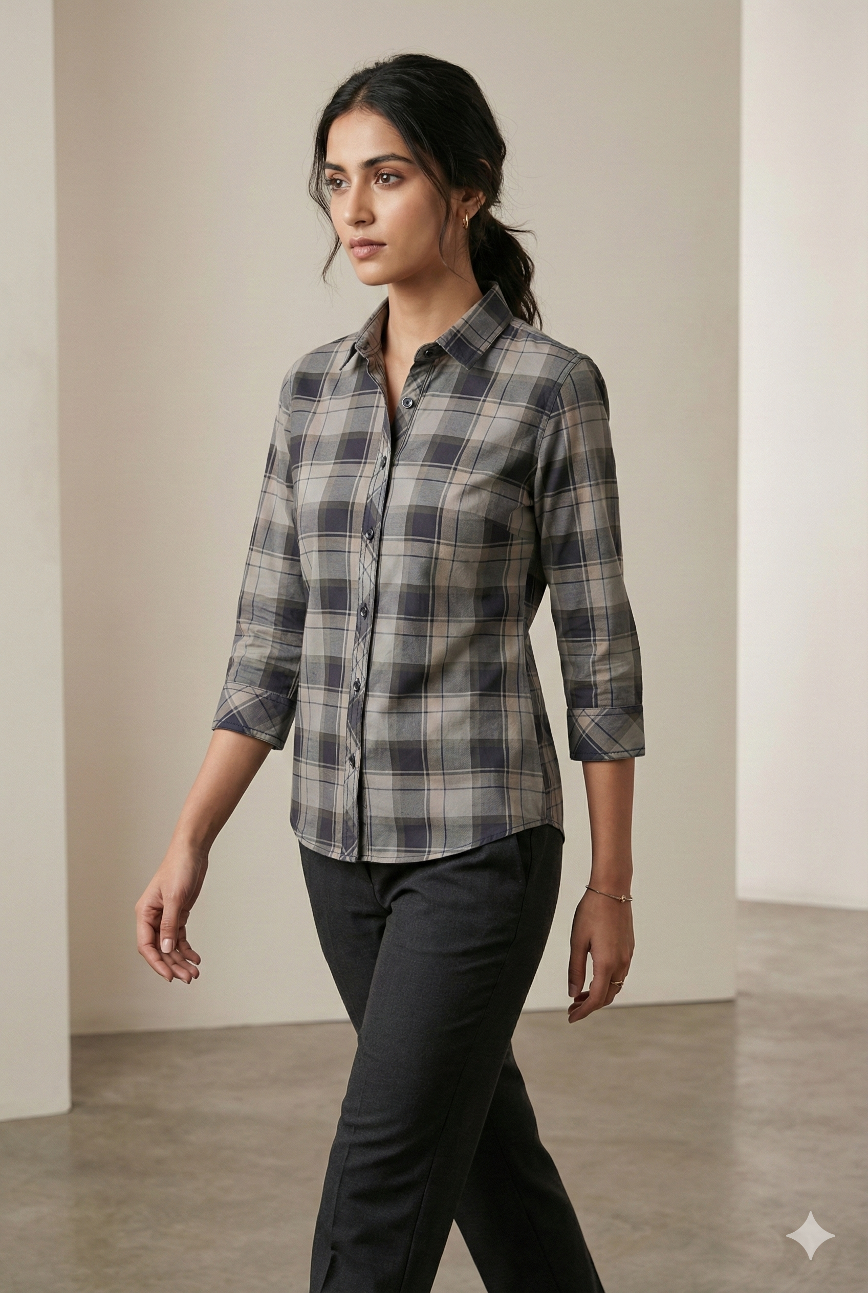 Women’s Classic Grey Checkered Button-Down Shirt - 24304