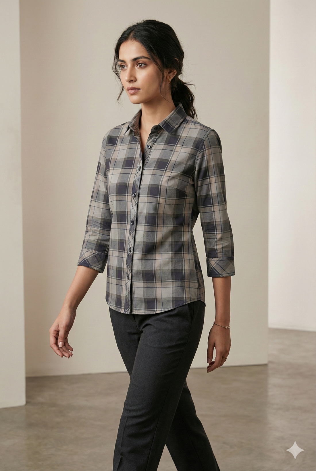 Women’s Classic Grey Checkered Button-Down Shirt - 24304