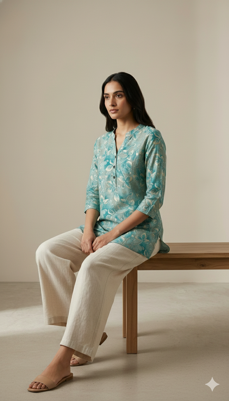 Aqua Green Leaf-Print Hip-Length Kurti with V-Notch Neckline & 3/4 Sleeves - 26186