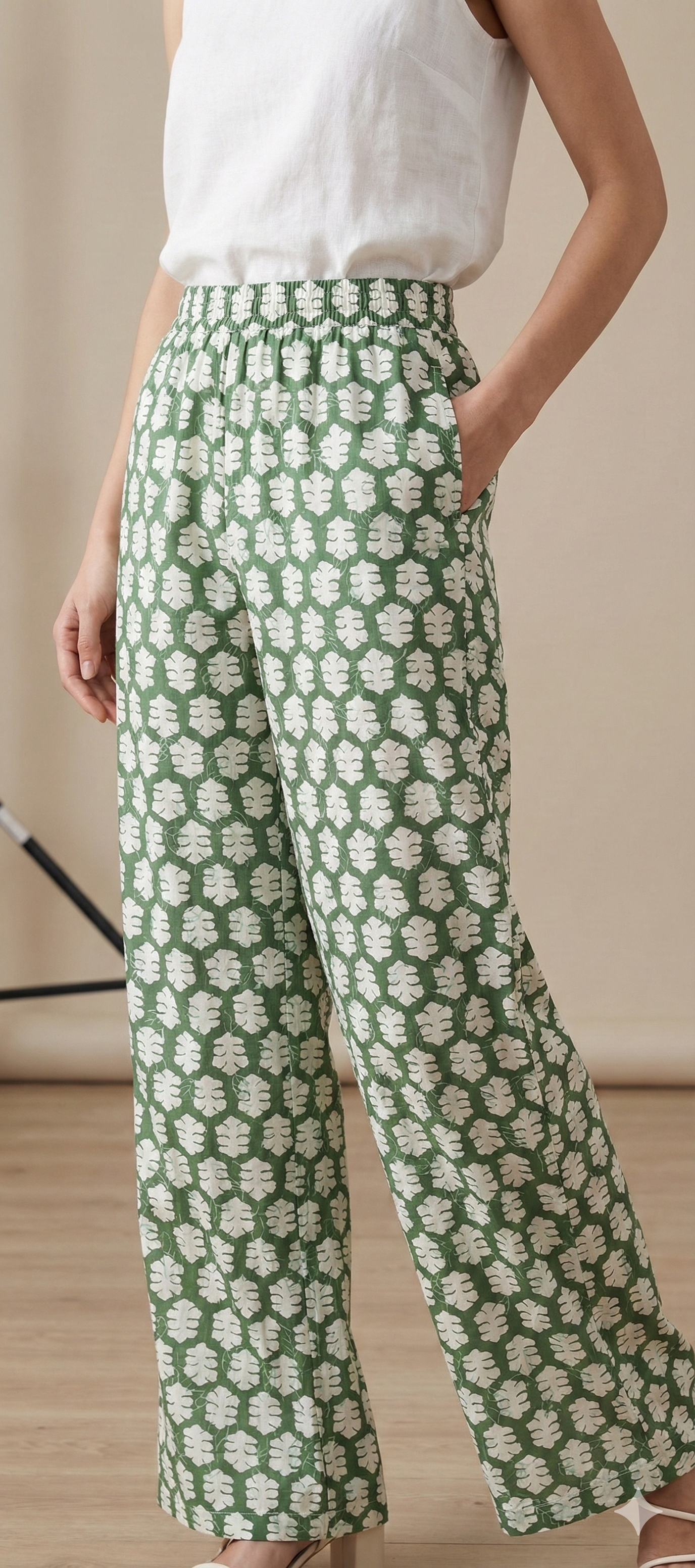 Green Tropical Leaf Print Elastic Waist Palazzo Pants - 26344