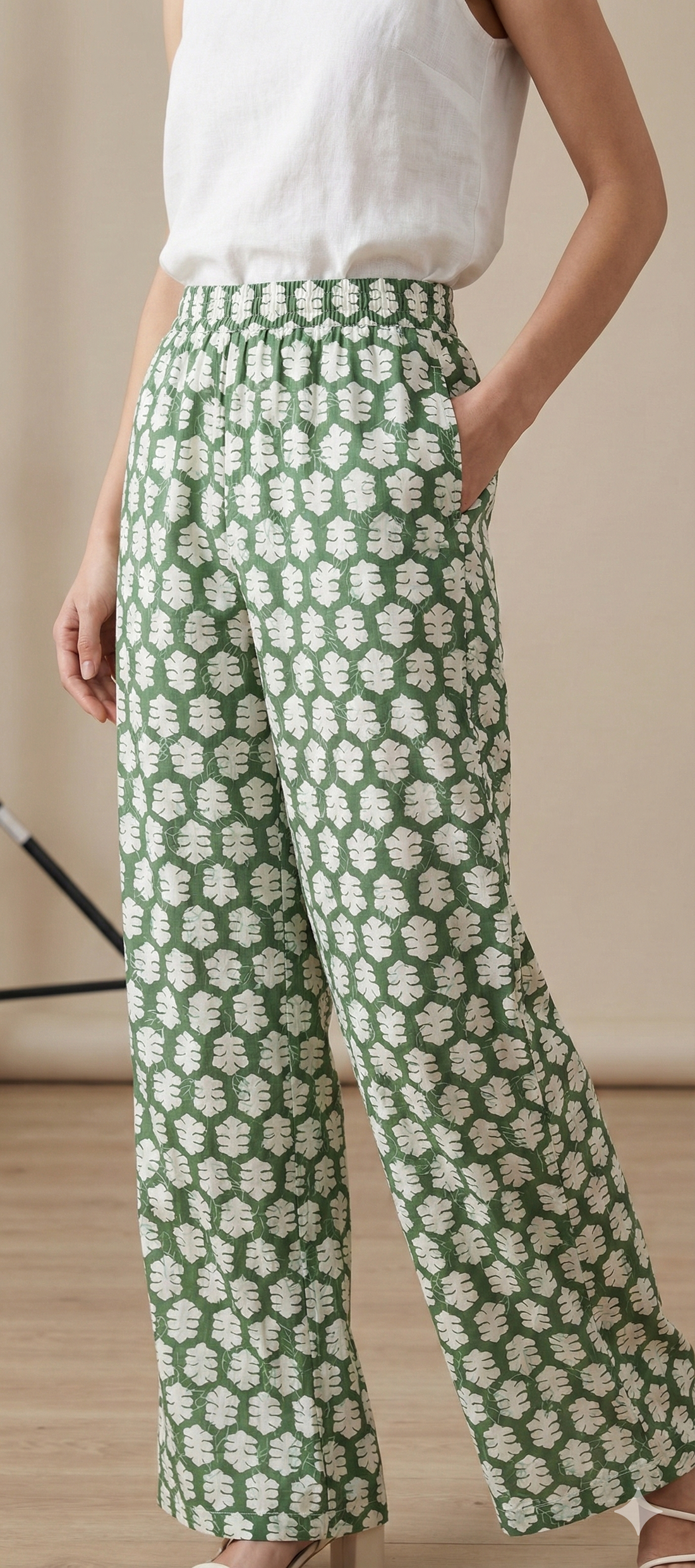 Green Tropical Leaf Print Elastic Waist Palazzo Pants - 26344