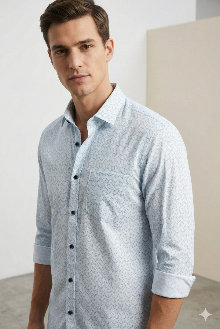 Men’s Premium Cotton Printed Casual Shirt – Sky Blue Leaf Pattern - 25504
