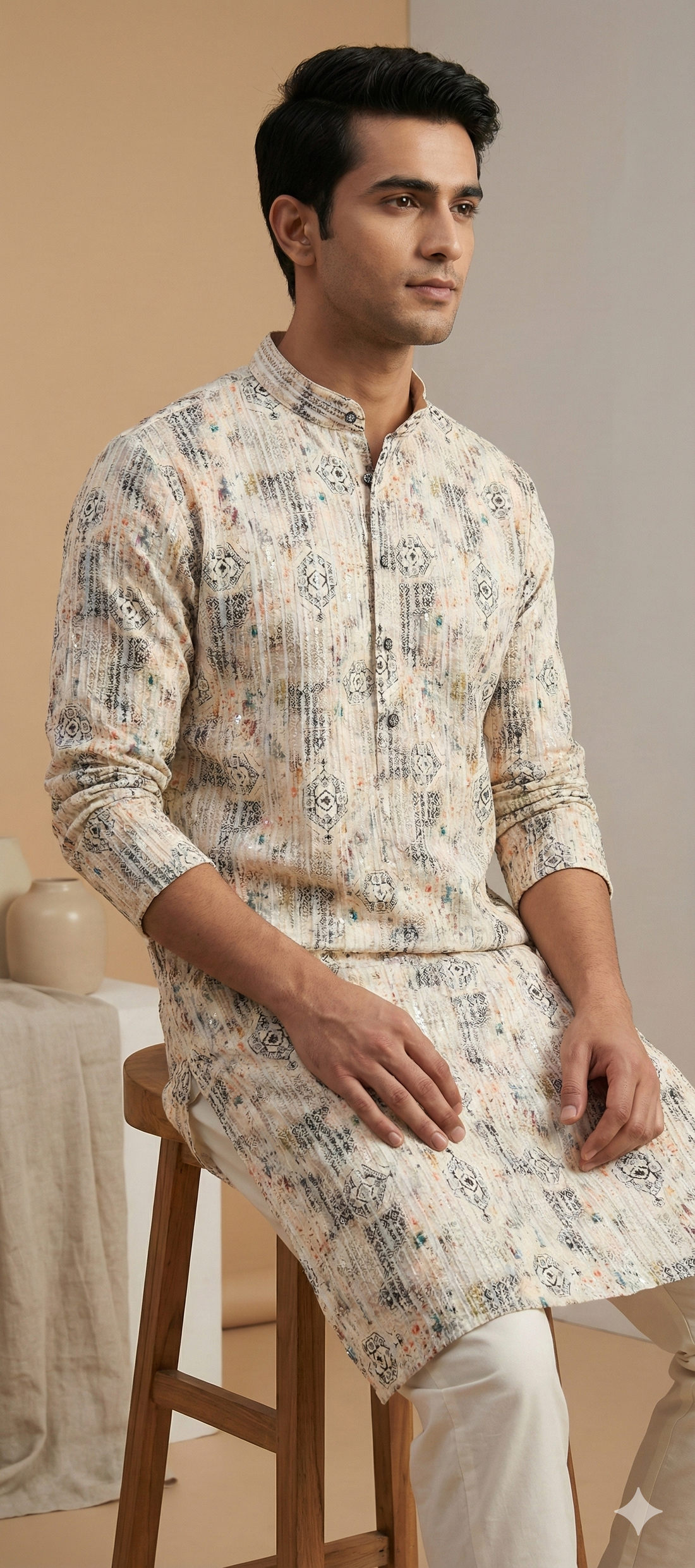 Men’s Ivory Printed Textured Kurta Pajama - 26404