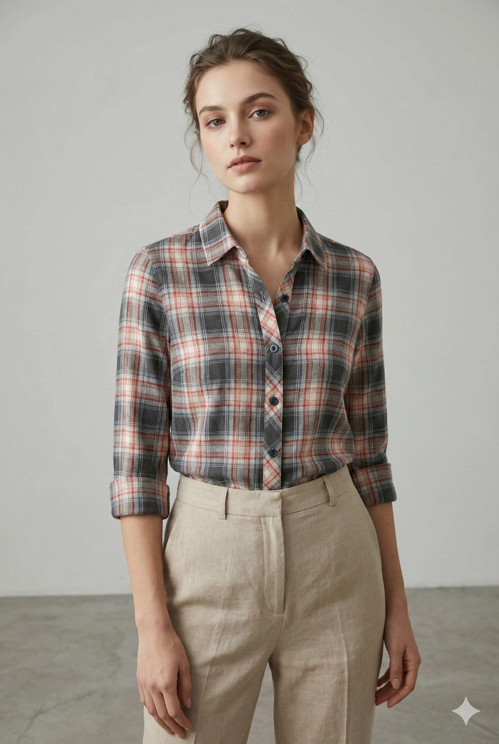 Women’s Soft Cotton Checkered Casual Shirt – Red, Grey & White Plaid - 25225