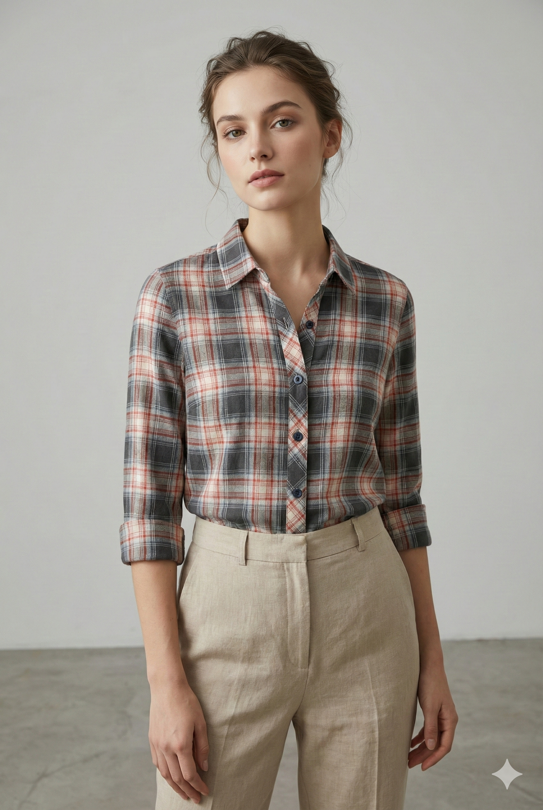 Women’s Soft Cotton Checkered Casual Shirt – Red, Grey & White Plaid - 25225