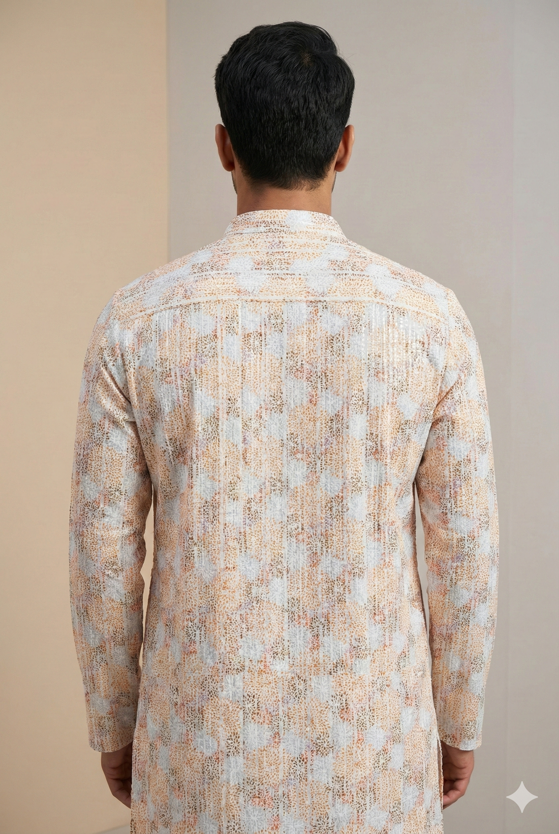 Men’s Elegant Pastel Orange & White Sequin Work Printed Cotton Kurta - 26408