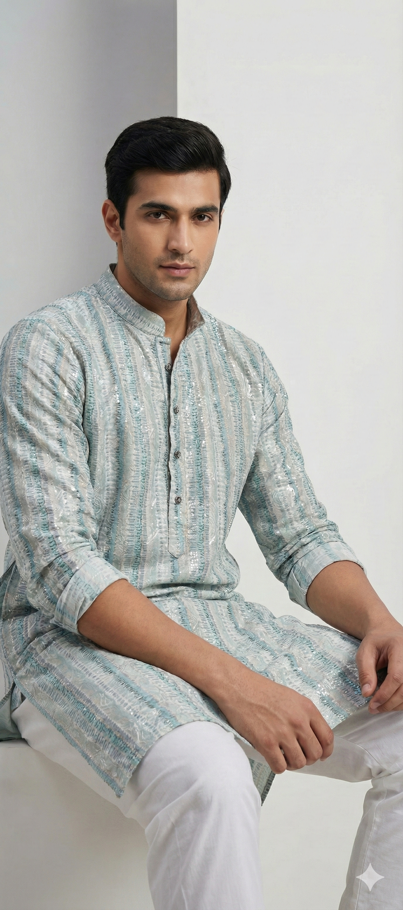 Pastel Blue Sequence Stone Work Textured Kurta Pajama for Men - 26415