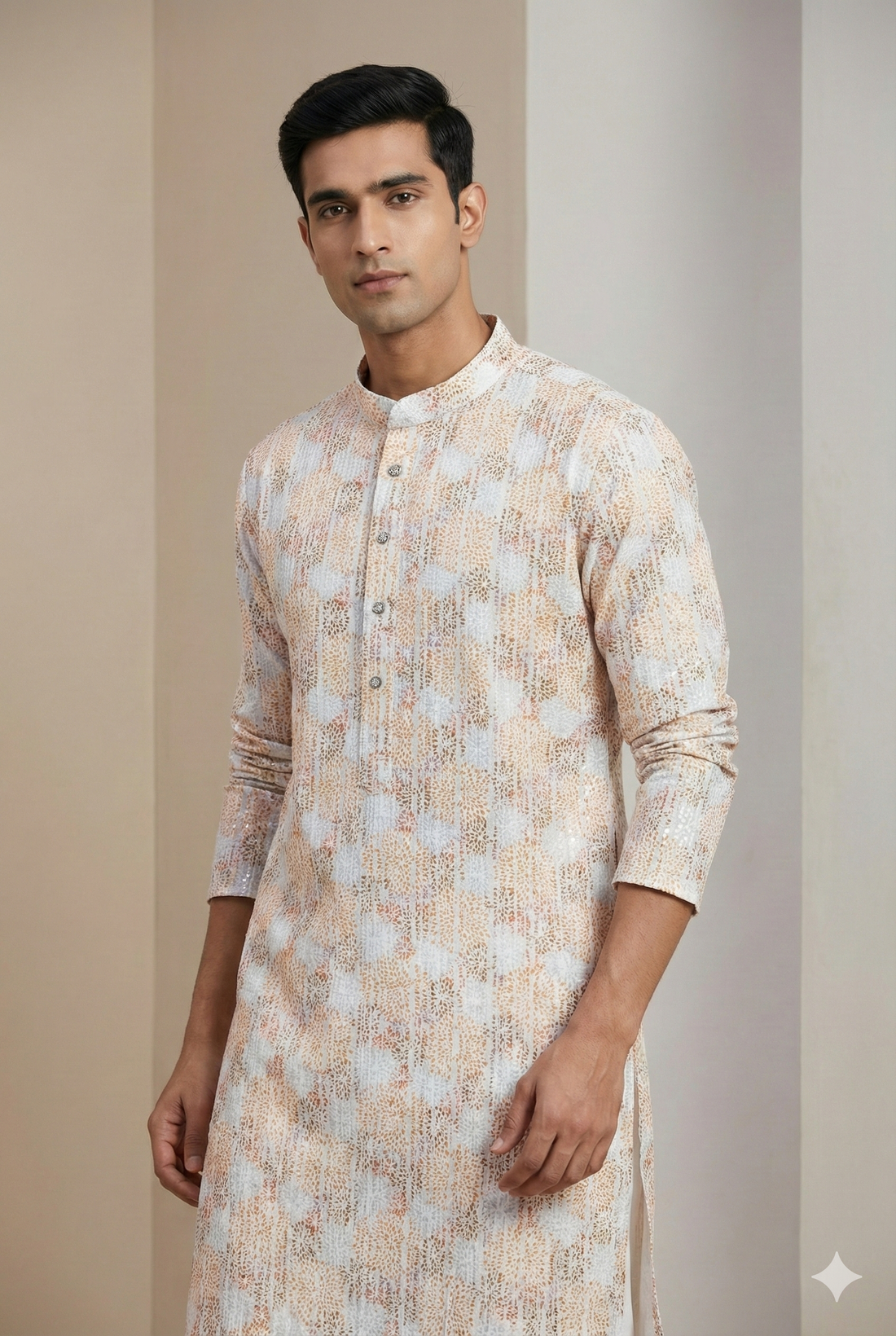 Men’s Elegant Pastel Orange & White Sequin Work Printed Cotton Kurta - 26408