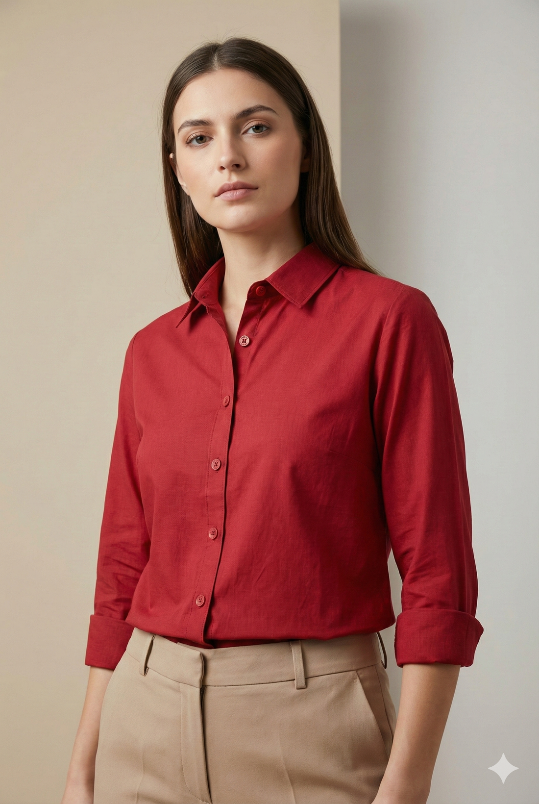 Women’s Solid Red Classic Collared Shirt | Elegant Casual Wear - 25515