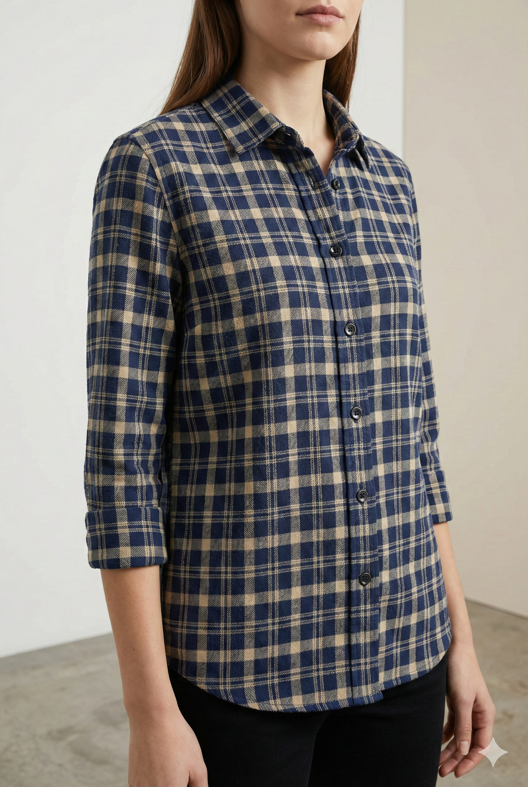 Women’s Navy & Beige Checkered Casual Button-Down Shirt - 24123