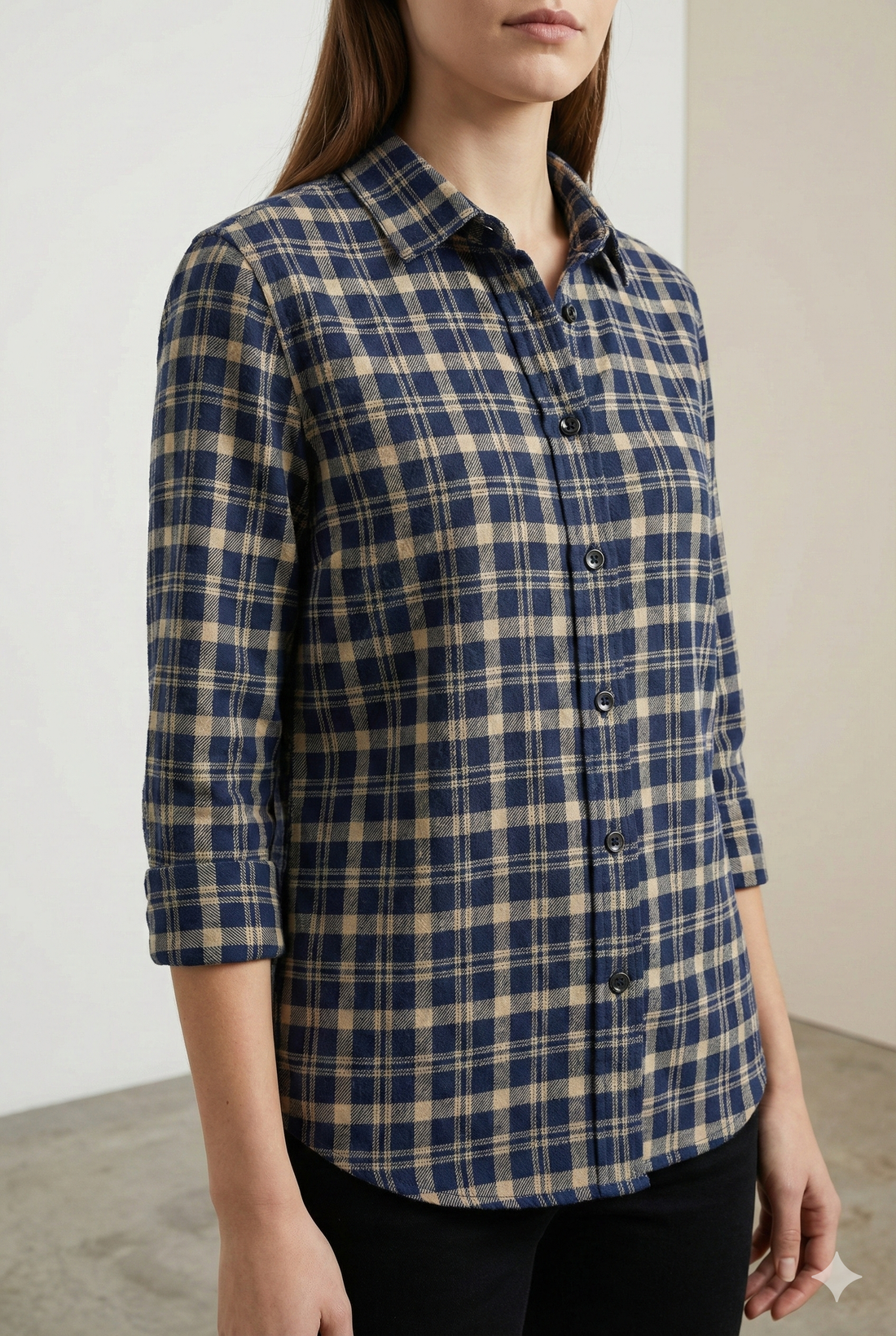 Women’s Navy & Beige Checkered Casual Button-Down Shirt - 24123
