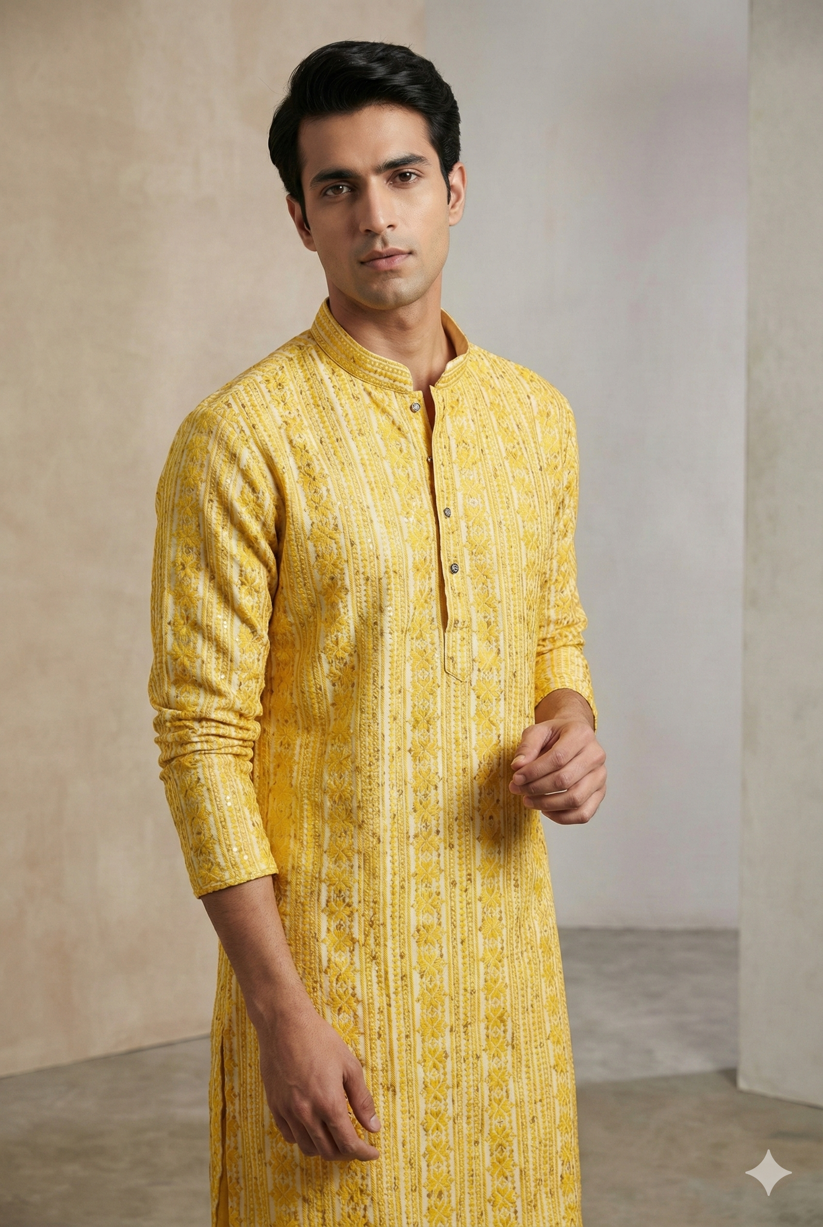 Mustard Yellow Sequin & Thread Embroidered Long Kurta - 26413