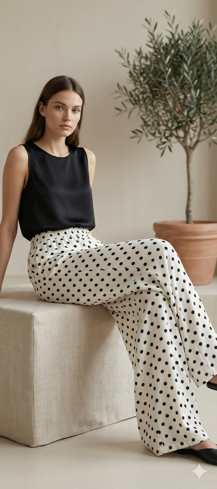 White & Black Polka Dot Elastic Waist Palazzo Pants - 26348