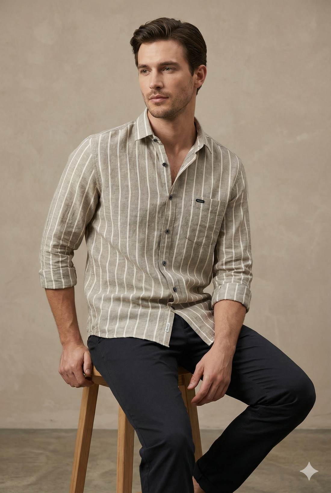 Beige & White Vertical Stripe Cotton Casual Shirt - 24550