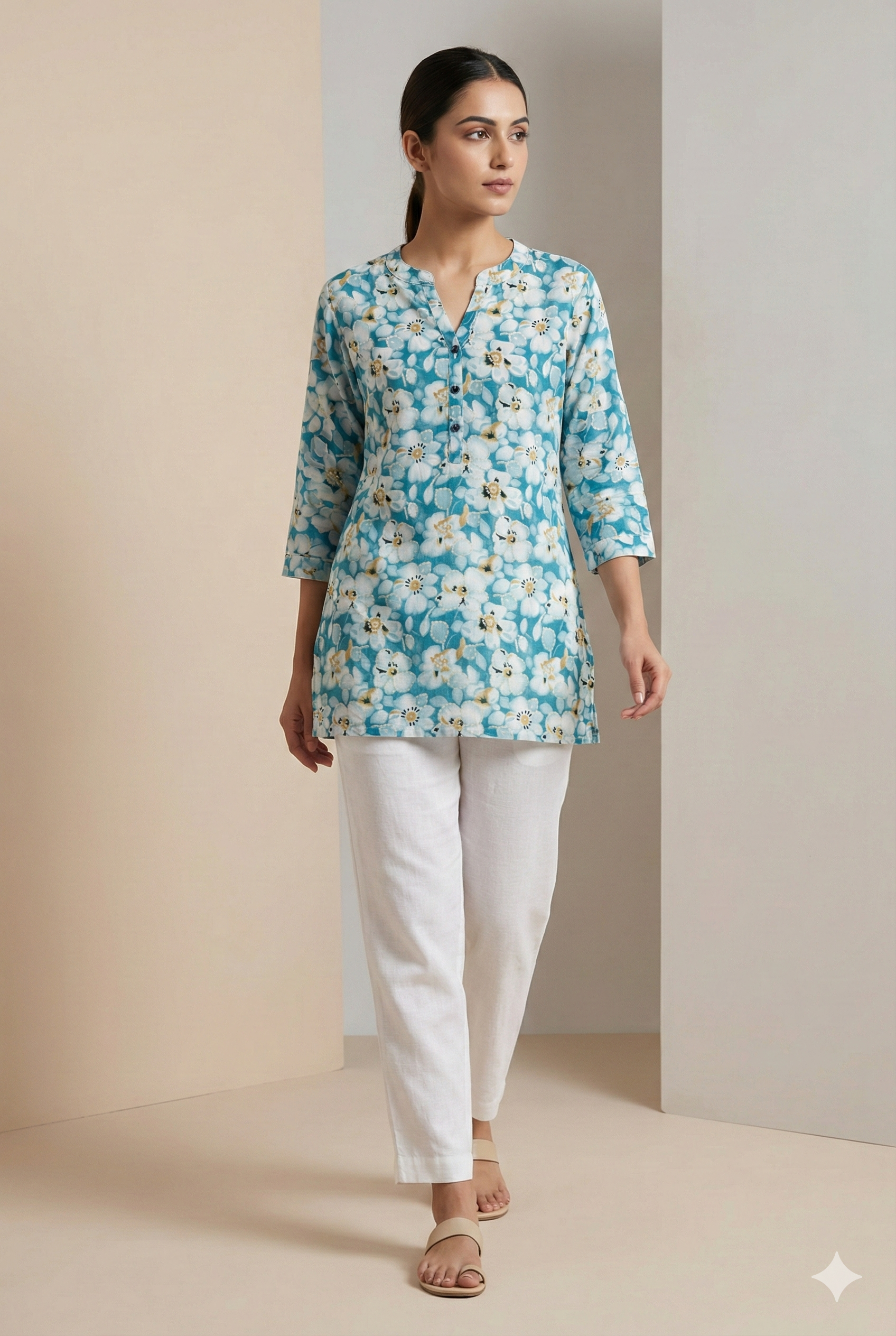 Sky Blue Floral Printed Short Kurti for Women - 25359