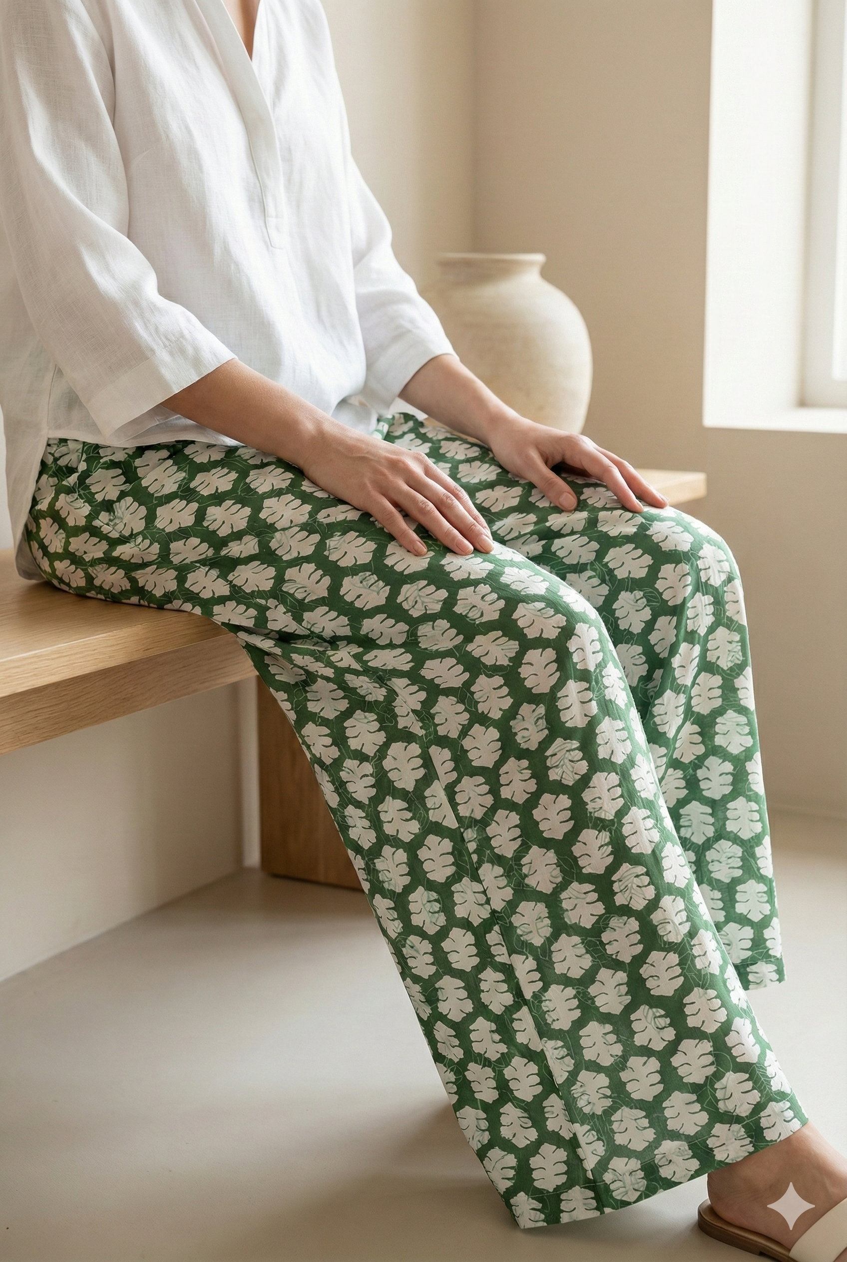 Green Tropical Leaf Print Elastic Waist Palazzo Pants - 26344