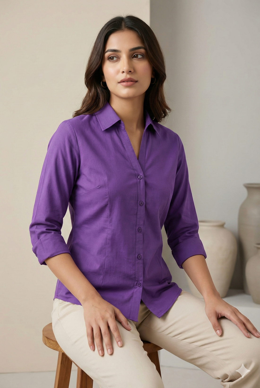 Women’s Solid Purple V-Neck Collared Shirt - 25329