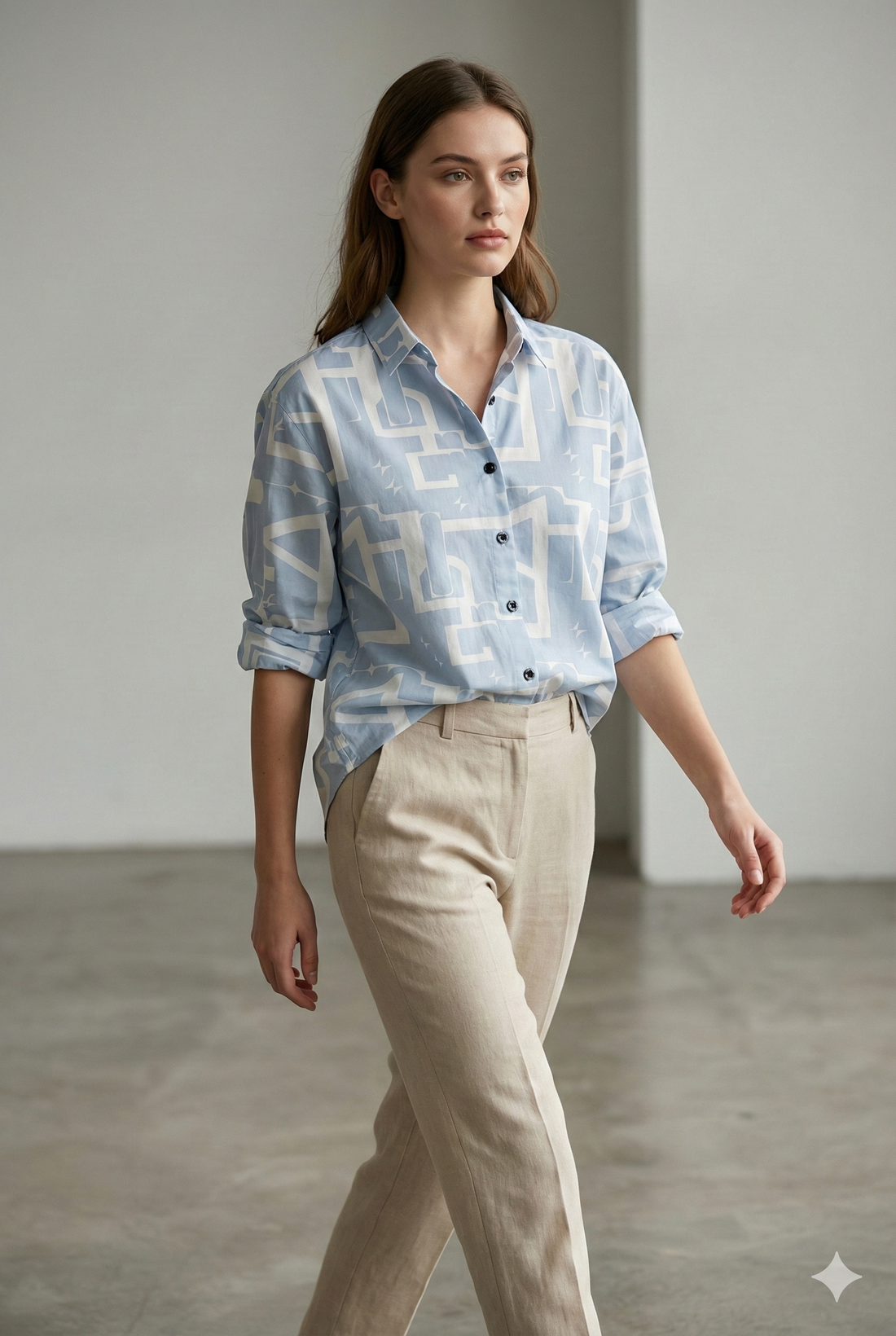 Women’s Geometric Print Button-Down Shirt – Soft Blue & White Casual Wear - 25463