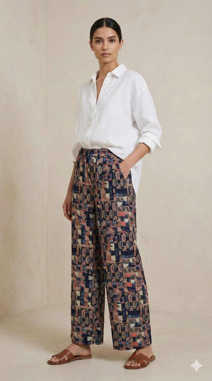 Women’s Printed Palazzo Pants with Elastic Waistband – Navy - 26262