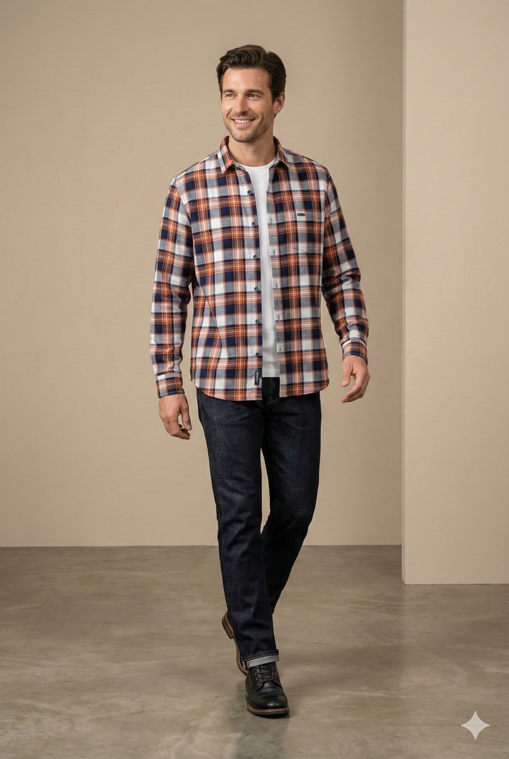 Rocck'z Men's Premium Cotton Checkered Shirt - Rust Orange & Navy Blue Plaid -25233