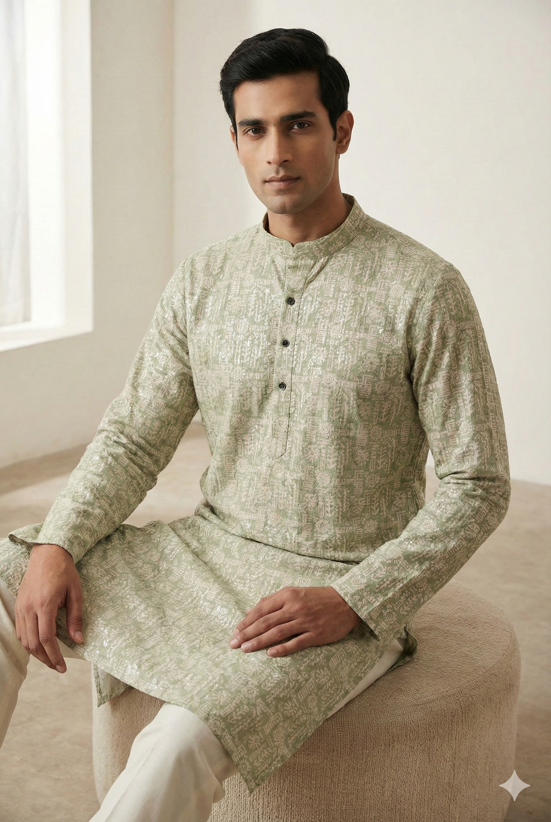 Men’s Sage Green Printed Kurta Pajama - 26407