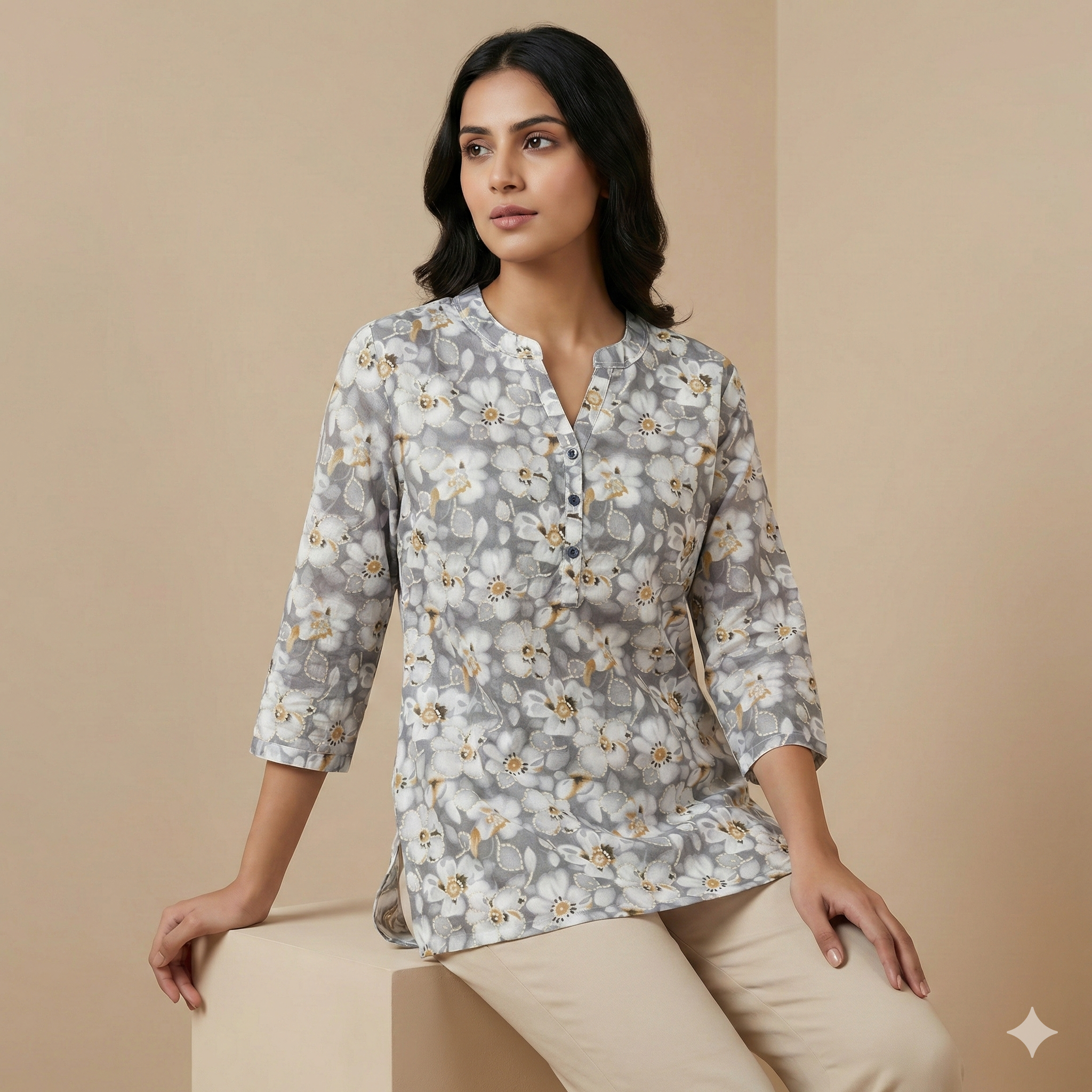 Grey Floral Printed Women’s Short Kurti - 25357