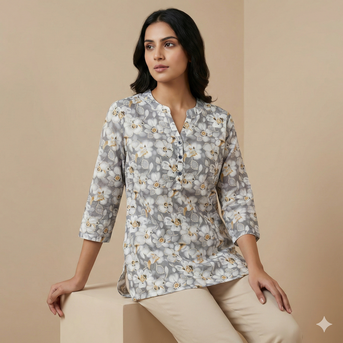 Grey Floral Printed Women’s Short Kurti - 25357