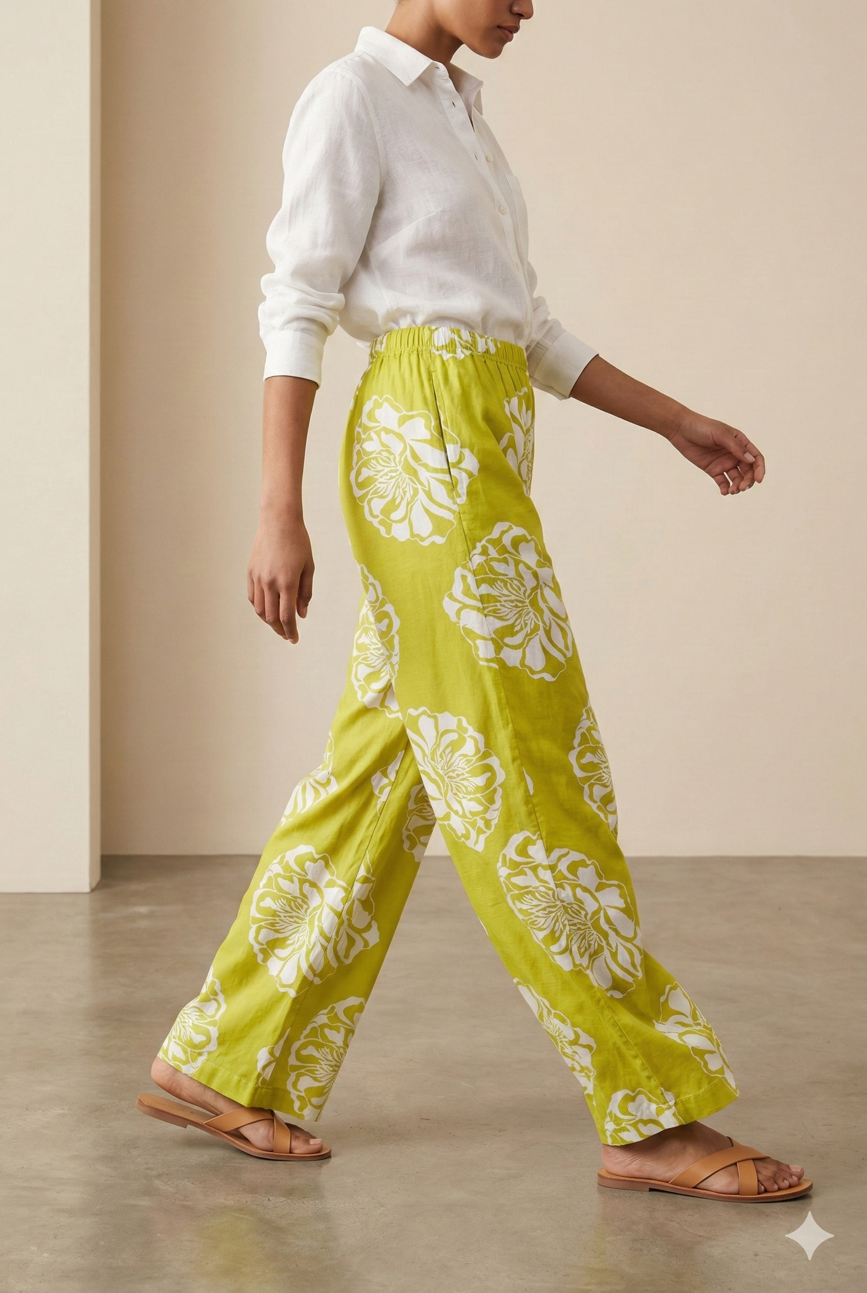 Olive Green Floral Printed Cotton Palazzo - 26354