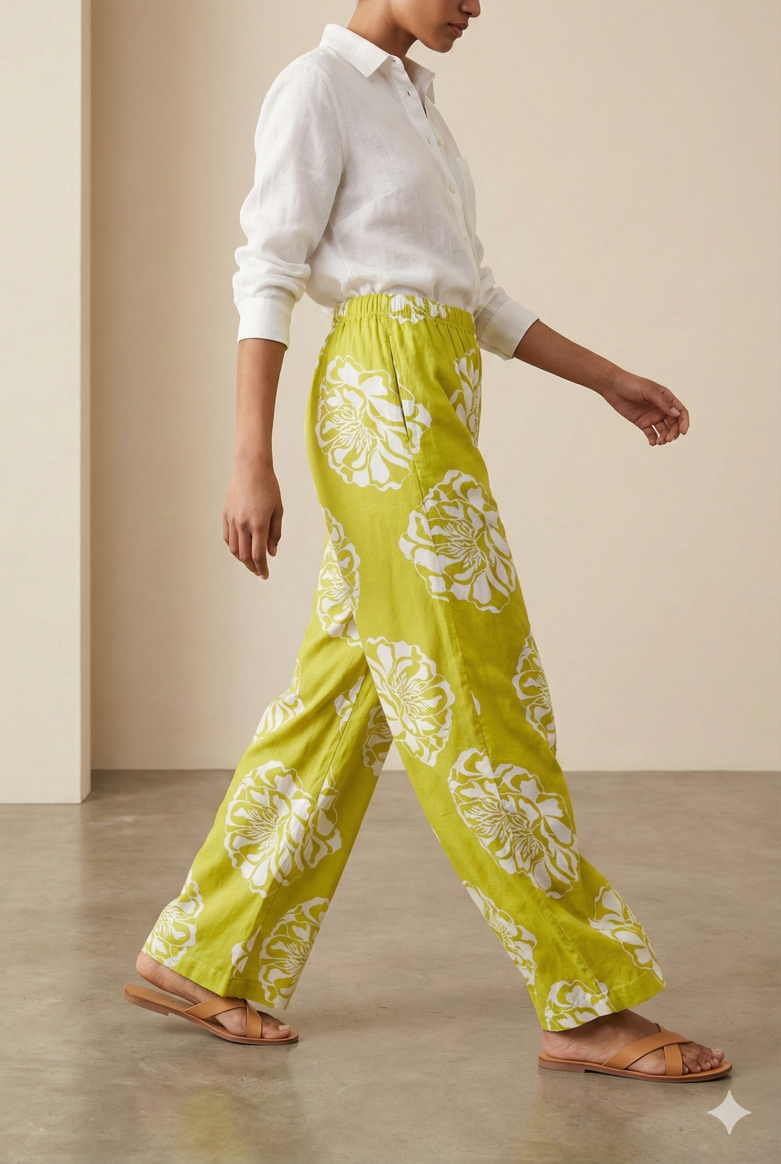 Olive Green Floral Printed Cotton Palazzo - 26354