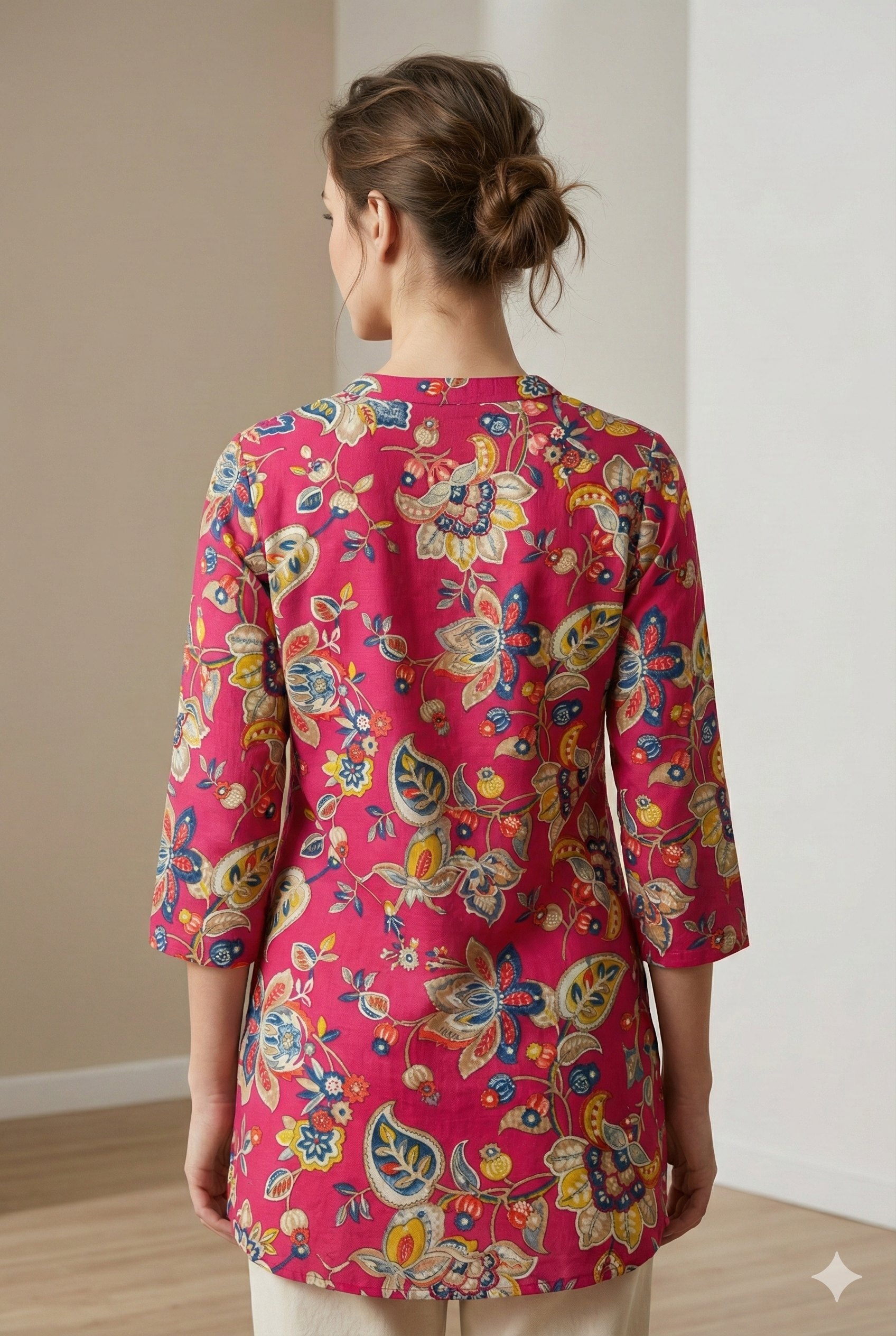 Vibrant Pink Floral Printed 3/4 Sleeve Hip-Length Kurti with V-Notch Neckline - 26194
