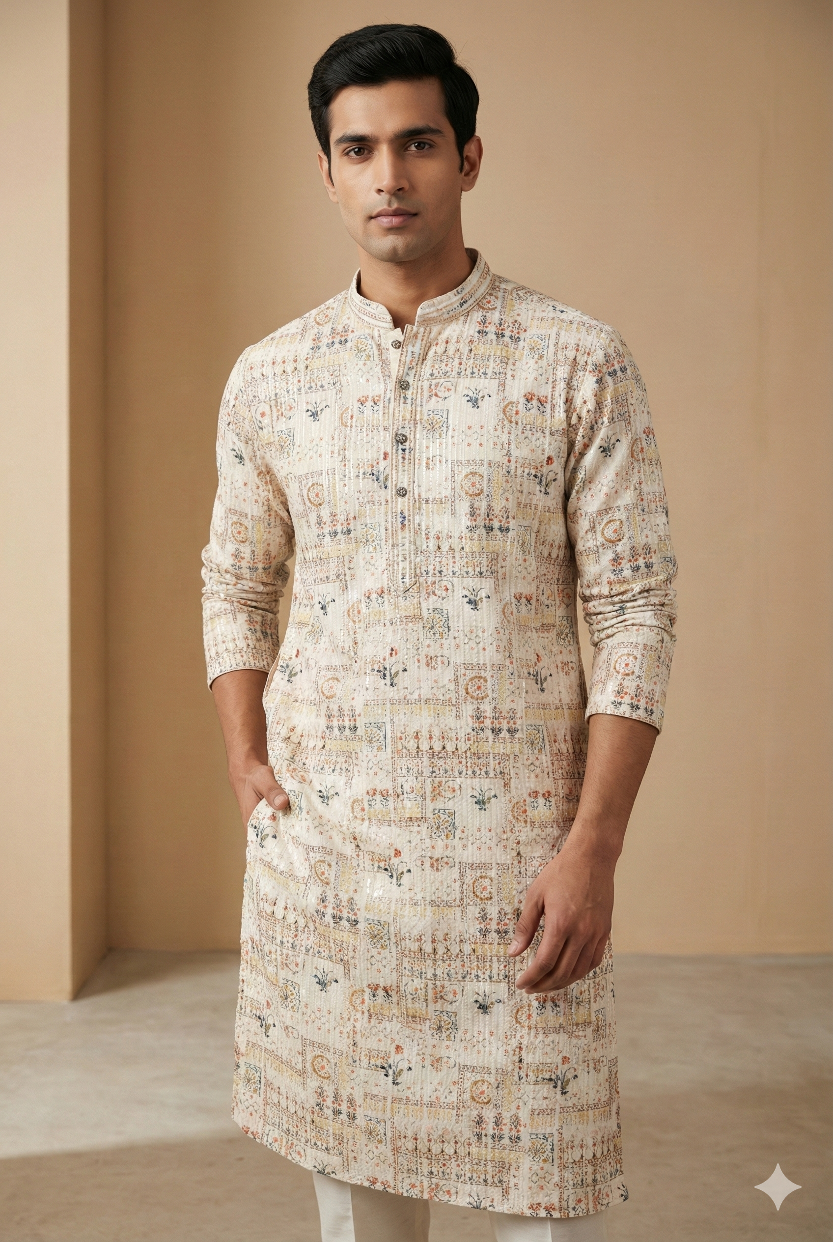 Cream Multi-Thread Sequence Stone Work Kurta - 26405