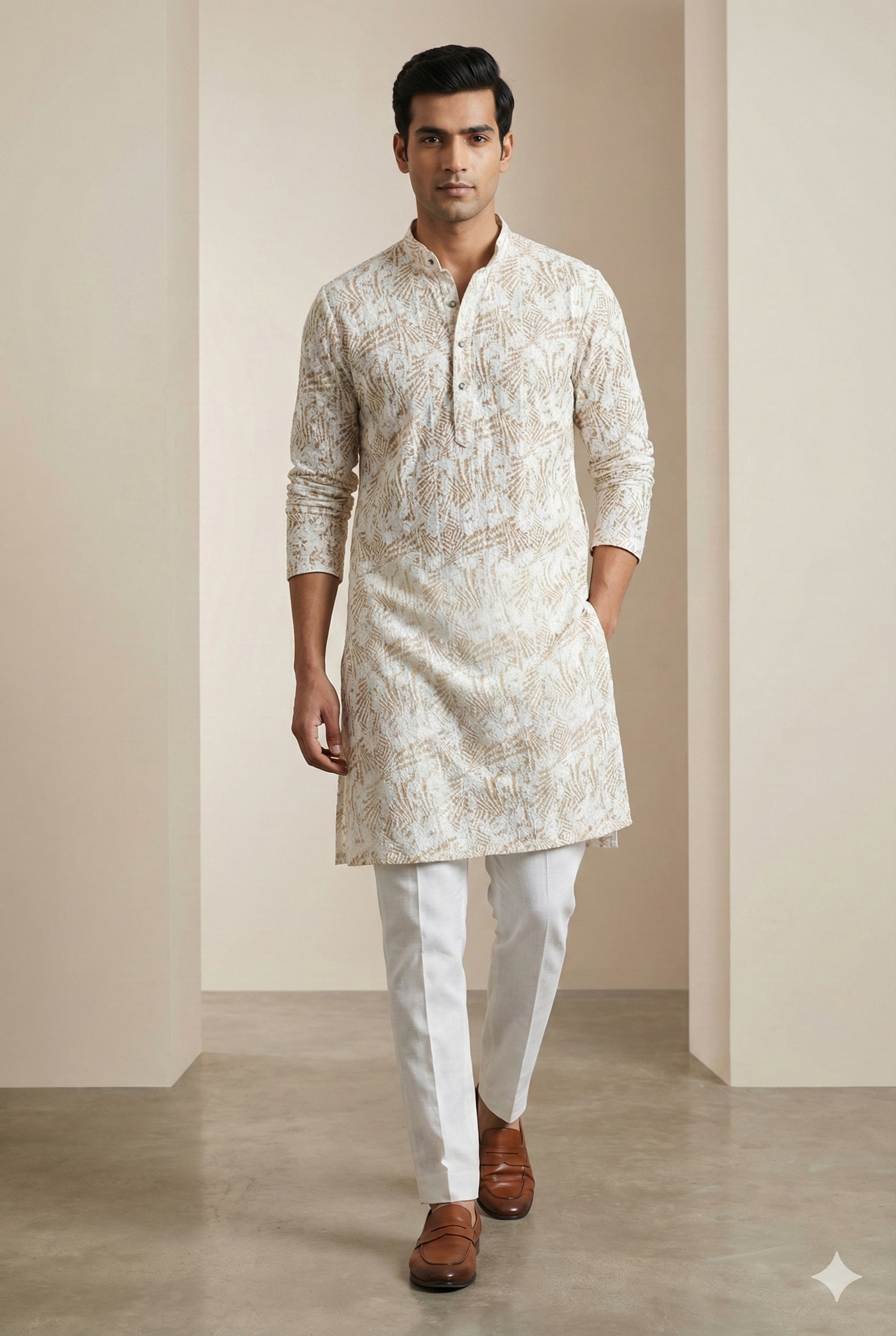 Beige Sequin Embroidered Textured Kurta - 26410