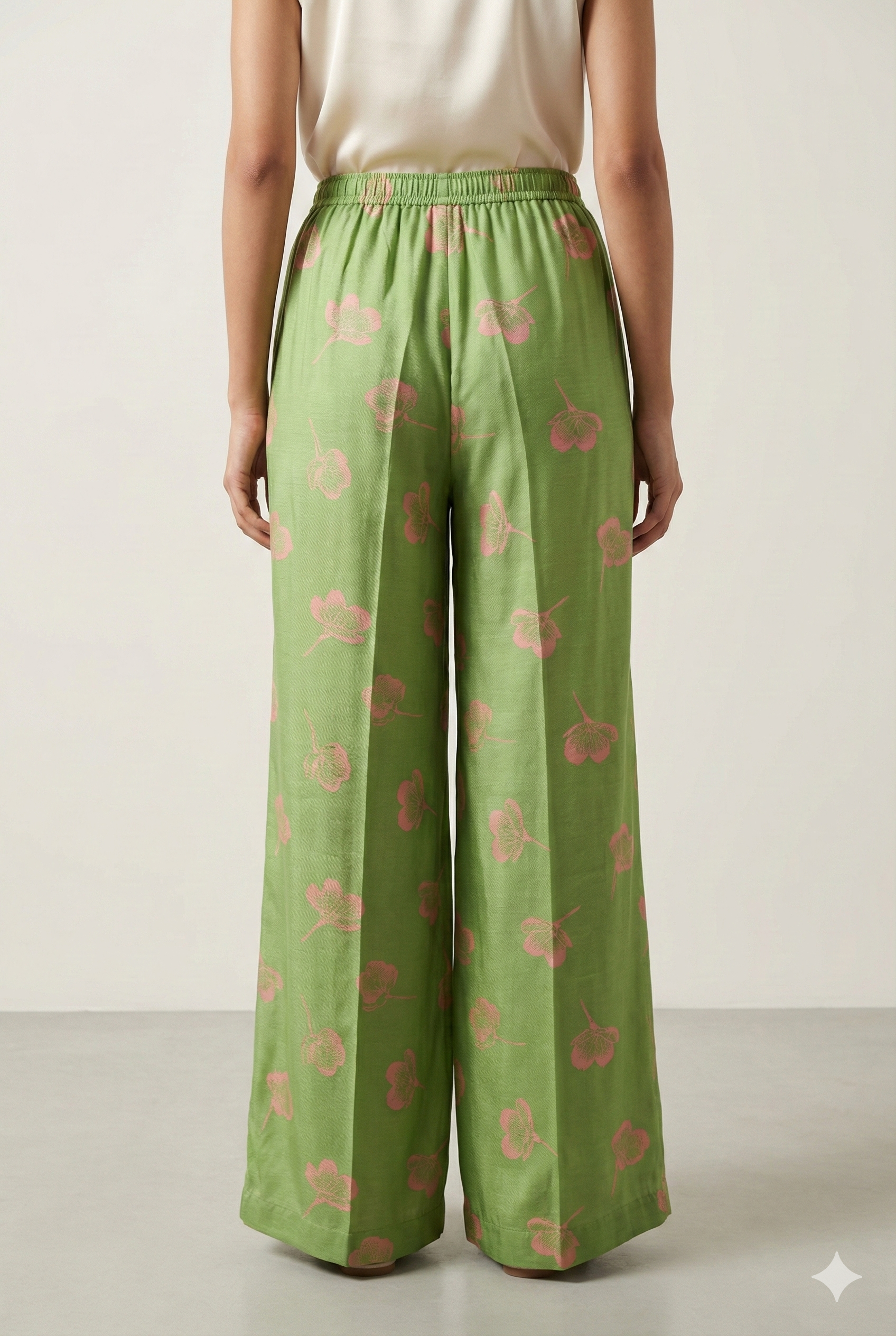 Pistachio Green Floral Print Elastic Waist Palazzo - 26281